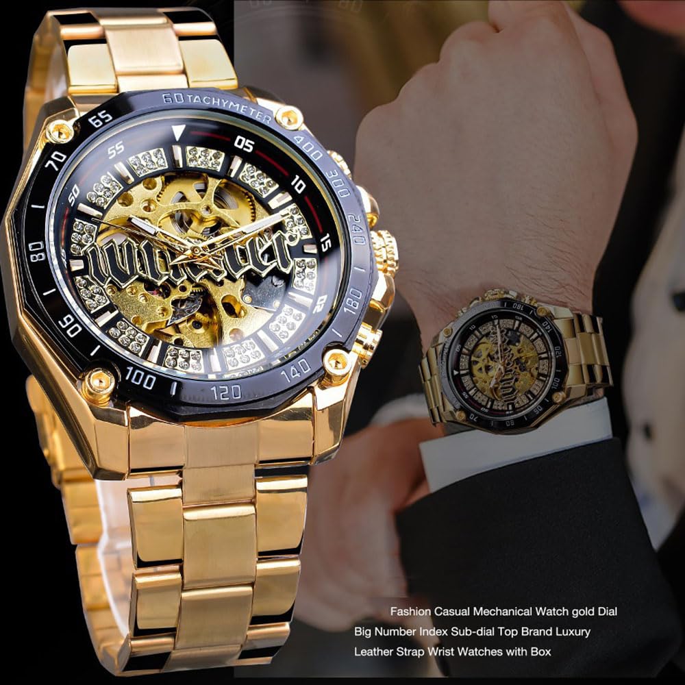 Reloj Esqueleto Dorado con Diamantes Hombre, Reloj Mecánico De Cuerda Manual con Correa De Acero Inoxidable, Relojes Automáticos Hombre, Relojes Luminosos Deportivos Y De Negocios