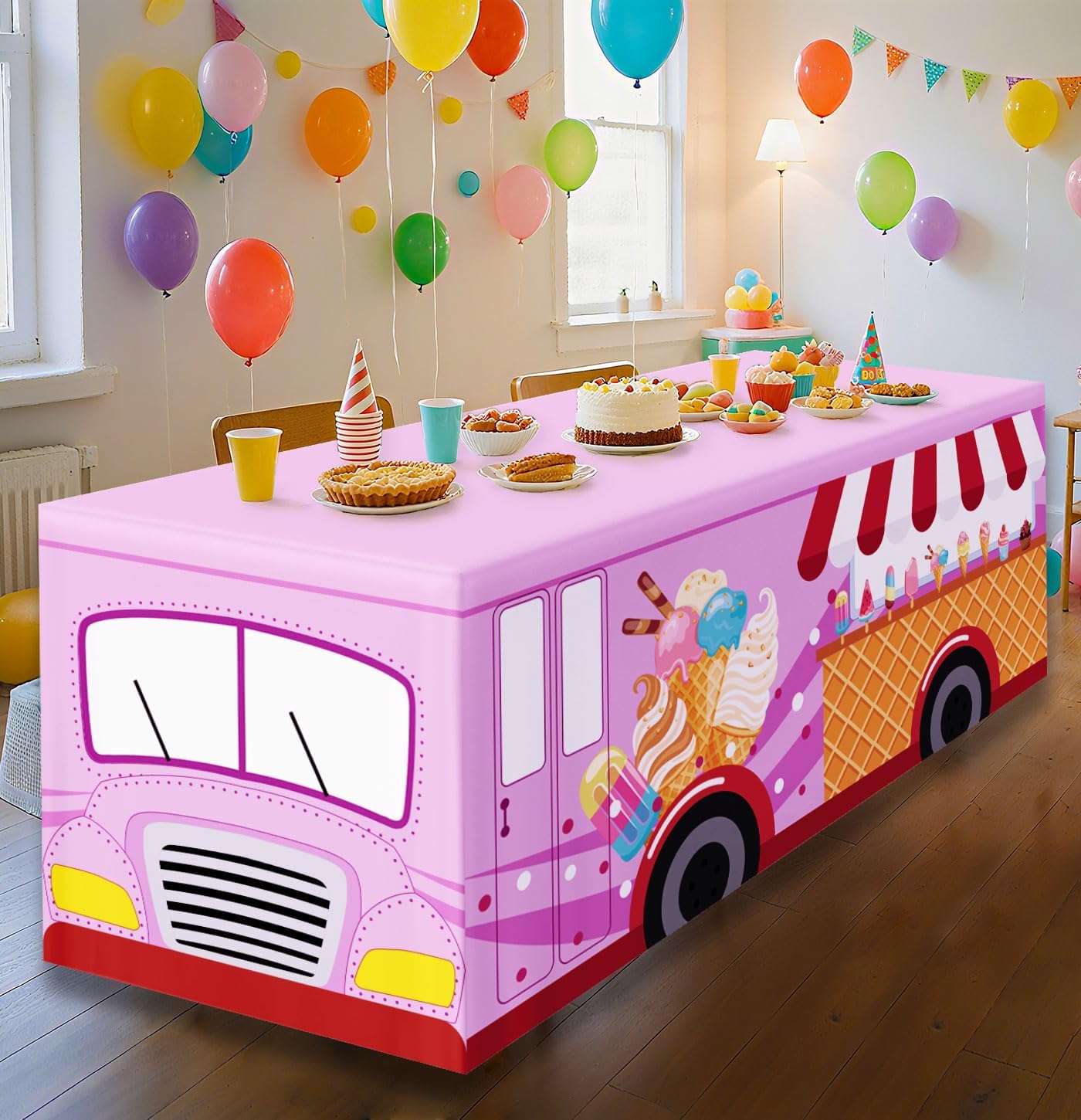6 FT Ice Cream Truck Tablecloth Ice Cream Table Cloth Washable Fabric Polyester Rectangle Table Cover for Baby Shower Sweet One Birthday Donut Themed Party Decorations