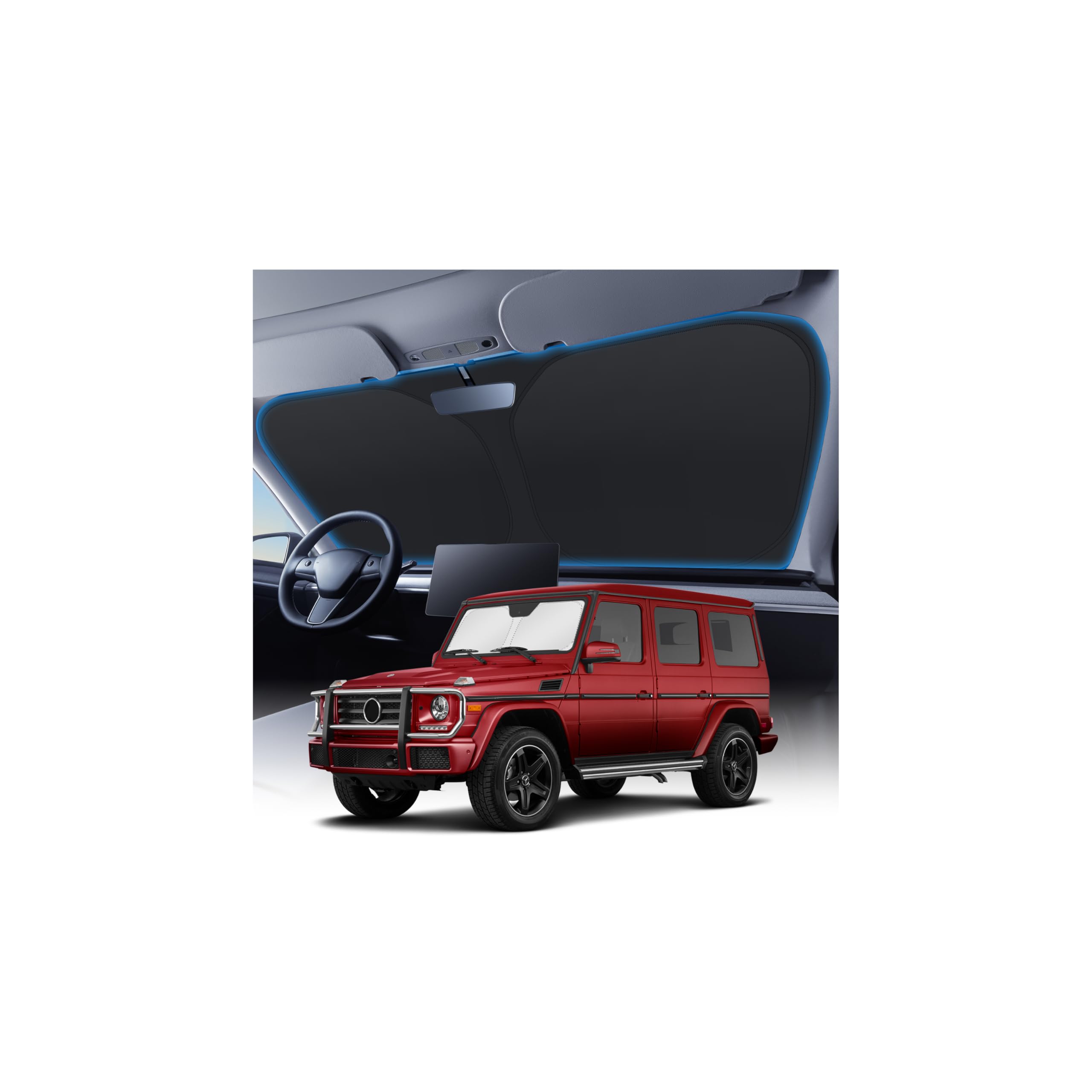 KUST Custom Fit Sun Shade for 1990-2018 Mercedes G W463 G550 G55 G63 G65 Accessories(Not for 2019-2021 Mercedes Benz G Class)Car Windshield Sunshade Window Sun Visor Protector Foldable Blocks UV Rays