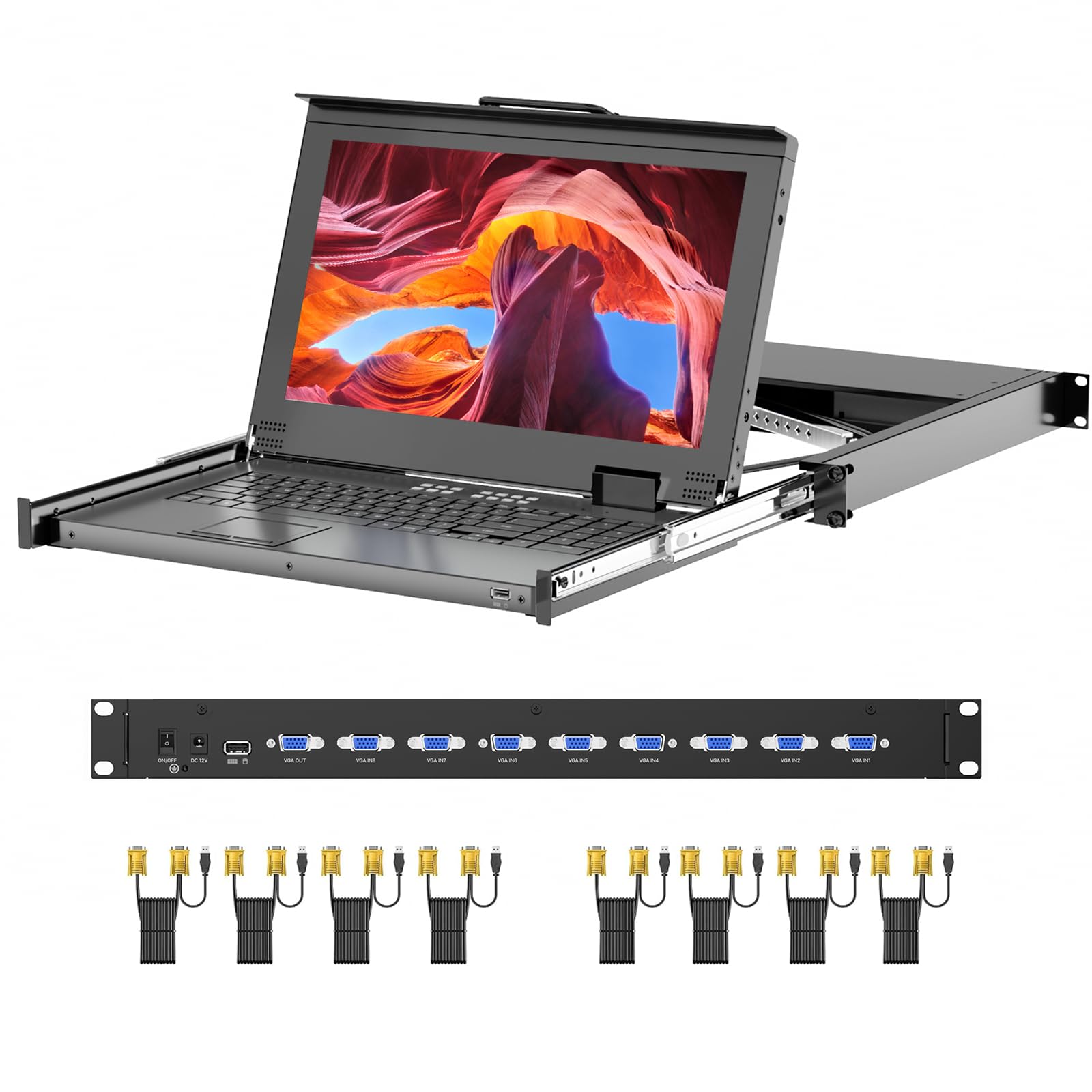 Rack Mount KVM w/15.6'' LCD Monitor, Arvitek 8 Port KVM Switch VGA w/Handle, Fit 1U 19'' Rack, Suitable for 600-800mm Network Cabinet +8 VGA KVM Cables-image-4