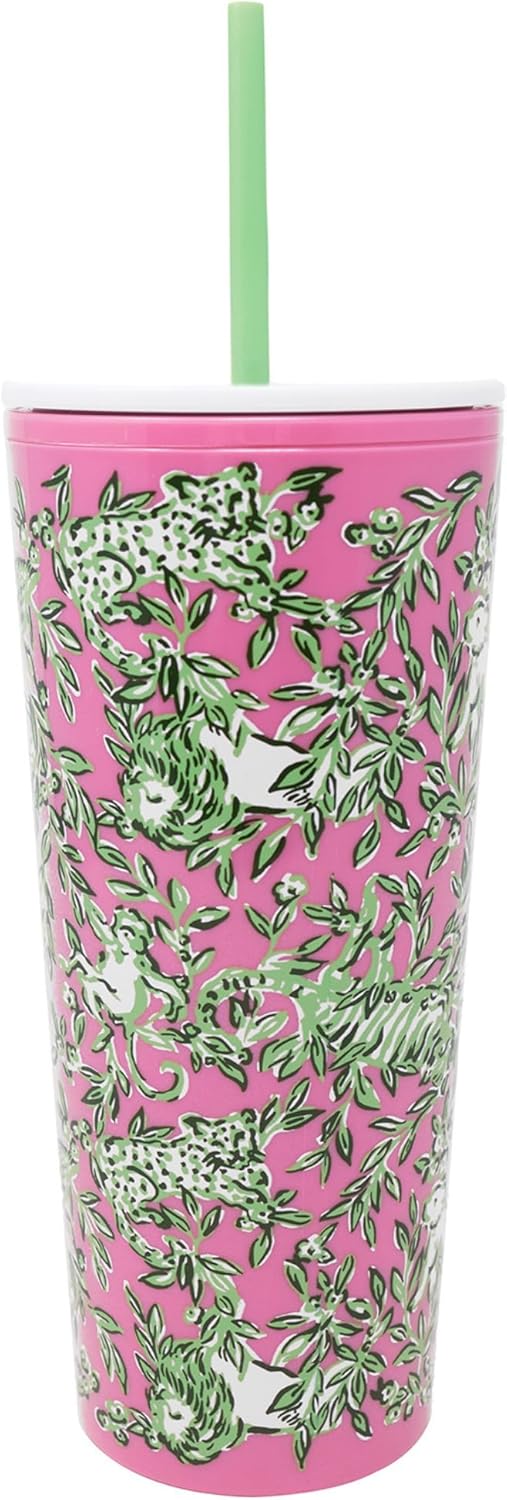 Lilly Pulitzer Double Wall Tumbler with Lid and Reusable Straw, White Plastic Cup, Insulated Travel Cup Holds 24 Ounces (Mane Character Energy) - Image 2