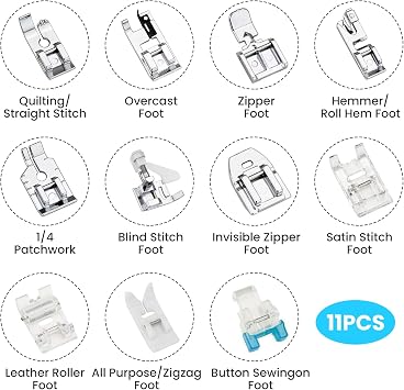 11-Piece Multifunctional Presser Foot Set for Sewing Machines - Plastic & Zinc Alloy - Compatible with Standard Household Sewing Machines