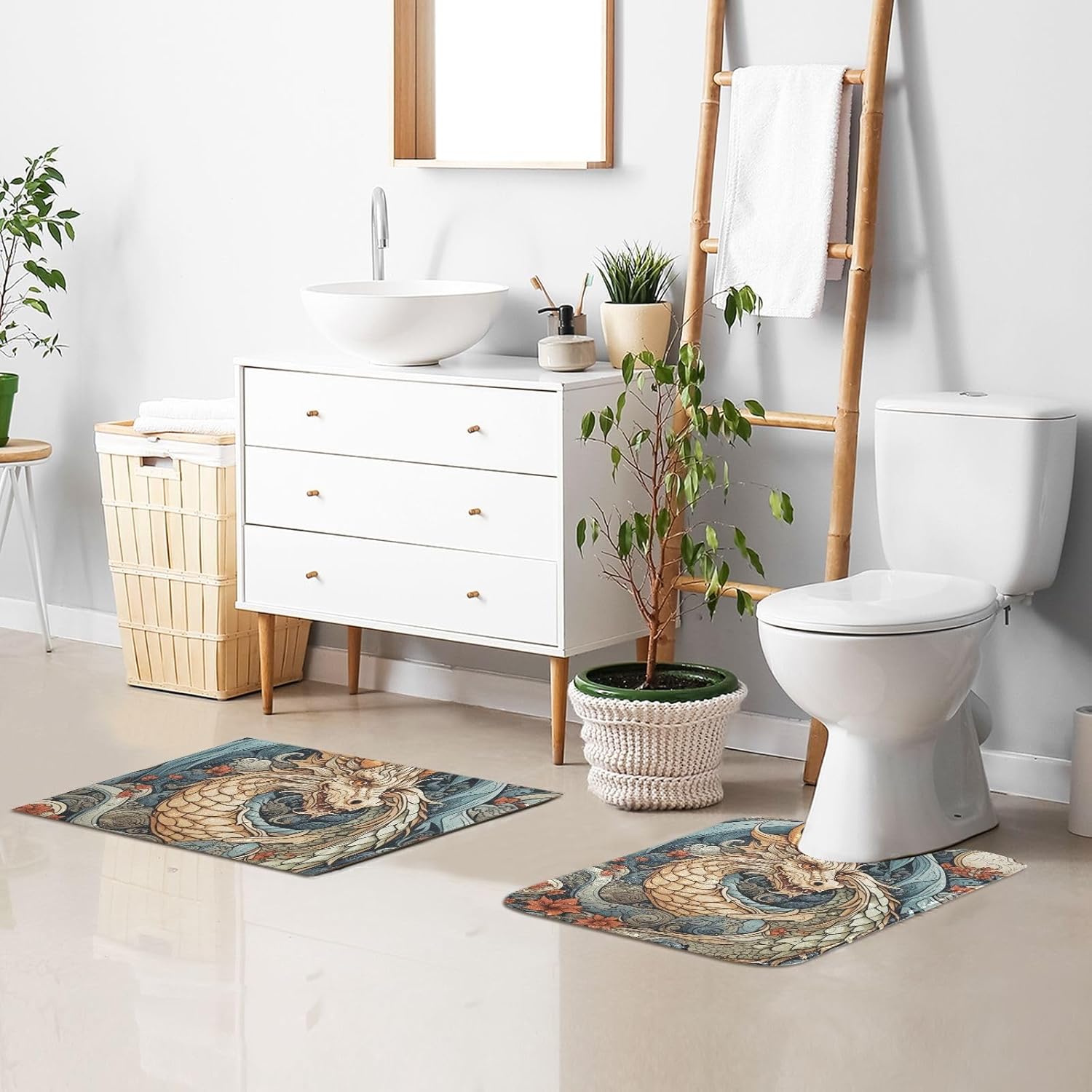 Dragon Pattern Absorbent Bathroom Rug Set, Extra Soft Thick Plush Bath Mat, Non-Slip Shaggy Bath Rug for Tub, Shower and Bath, Machine Washable