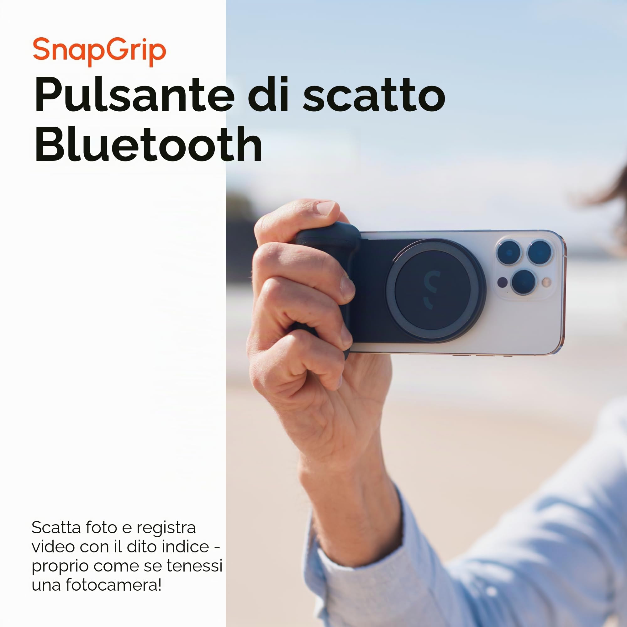 ShiftCam SnapGrip Essential - Impugnatura magnetica per fotocamera con pulsante di scatto wireless e dock da tavolo, compatibile con iPhone e Android, colore: mezzanotte