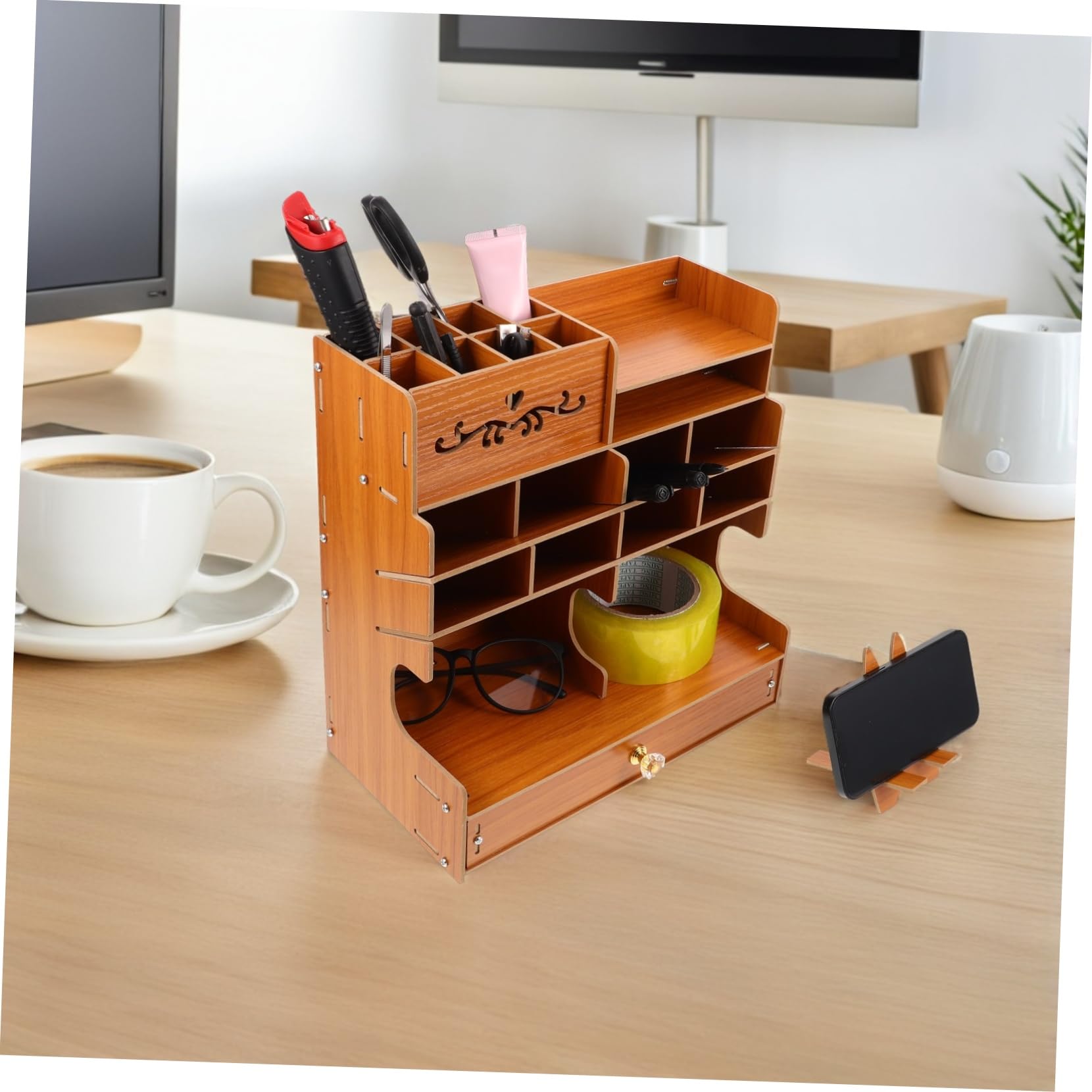 Caja De Almacenamiento De Papelería De Madera Portalápices De Madera Con Múltiples Compartimentos Organizador De Escritorio Para Bolígrafos y Papelería Para Oficina y Estudio