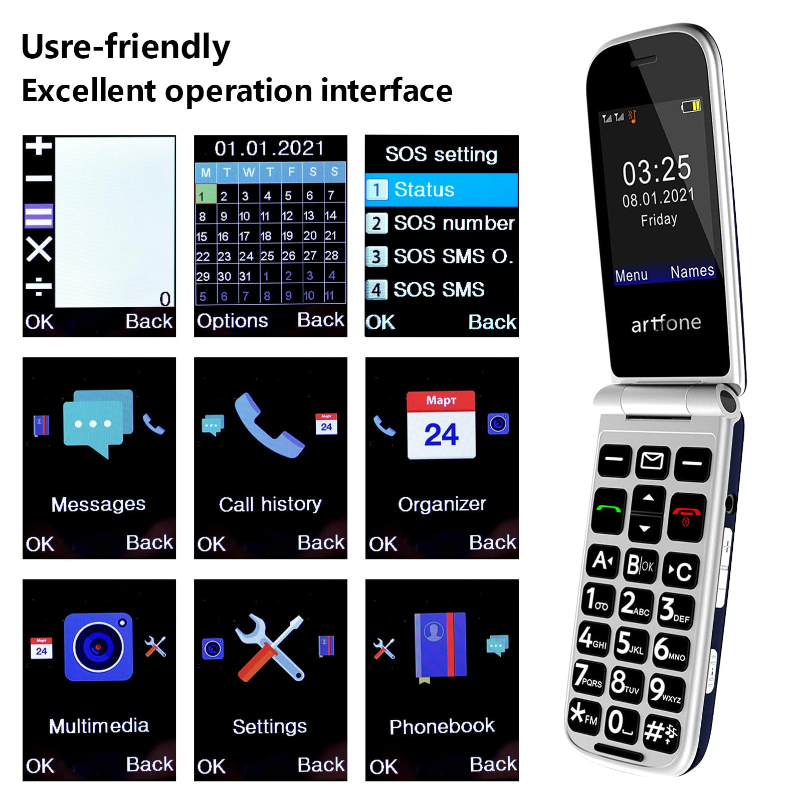 artfone F20 GSM Téléphone Portable Senior Clapet Débloqué丨Téléphone Portable Senior à Clapet丨Grandes Touches丨Bouton SOS丨écran de 2.4" 丨Batterie 1300 mAh丨Radio FM丨Appel Rapide丨double Carte SIM - Bleu