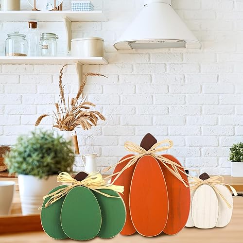 Miniatura 5 de Ferraycle 3 letreros de madera de otoño con diseño de calabaza, decoración de mesa de calabaza 3D, decoración rústica de bandeja escalonada, centros