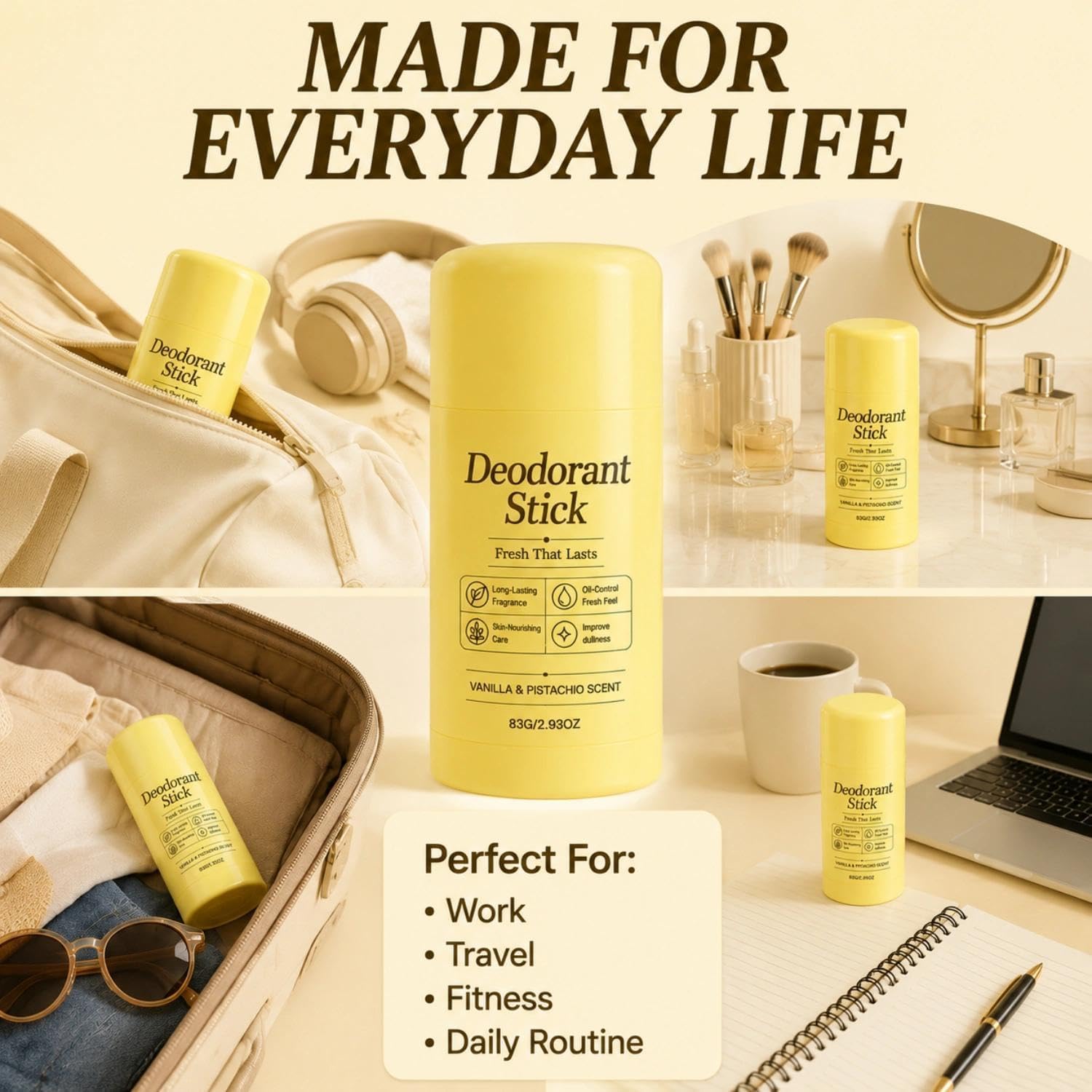 Stick Deodorante Alla Vaniglia E Pistacchio,Formula Liscia E Non Appiccicosa Per La Cura Quotidiana Delle Ascelle,Deodorante Unisex Con Sensazione Di Freschezza,83 G / 2,93 Oz(3PCS)