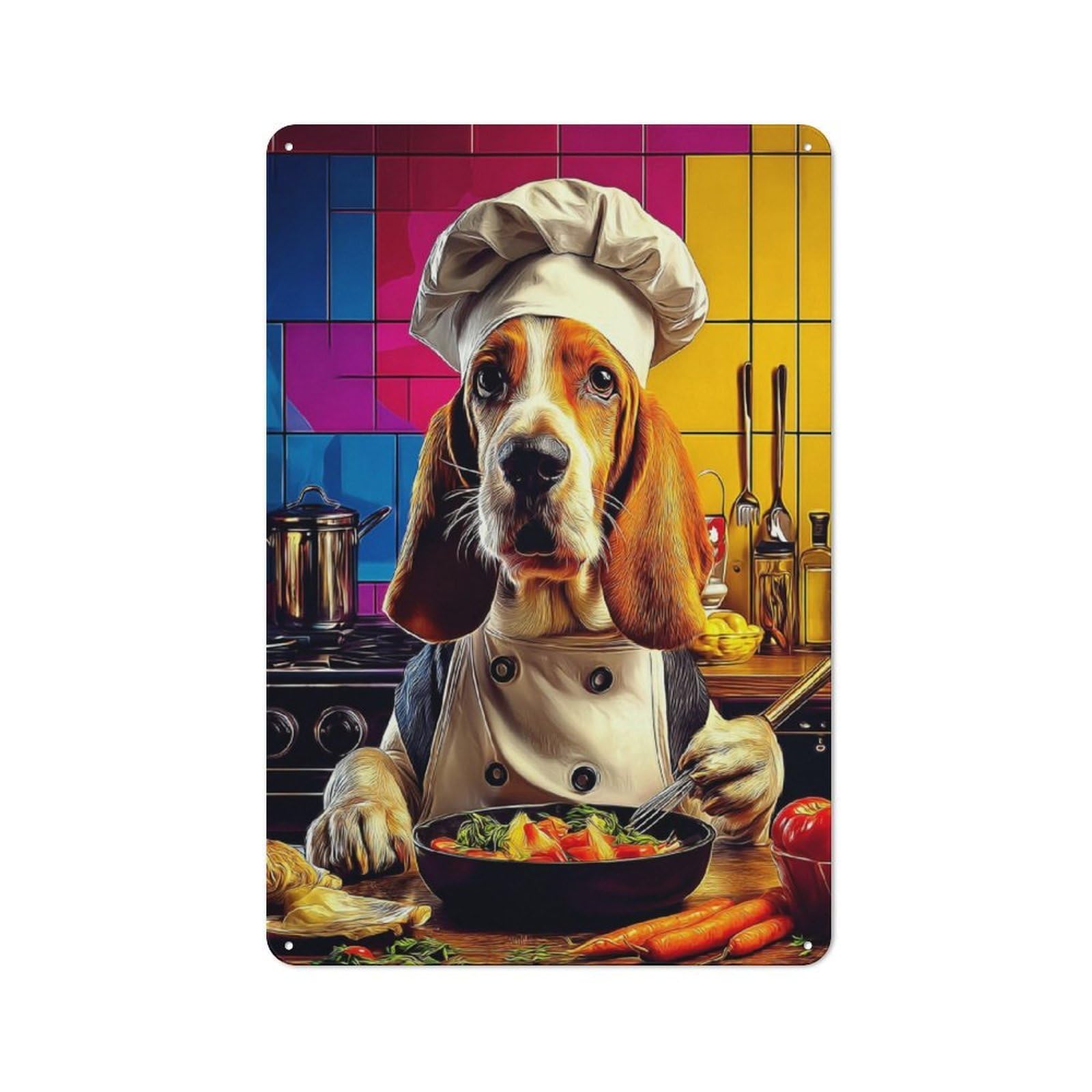 Junmoney Basset Hound Chef Cooking Vegetables Decorative Metal Plaque 30X20cm, Garage Style Shed Wall Plaque For Workshop, Basement, Shed Or Games Room