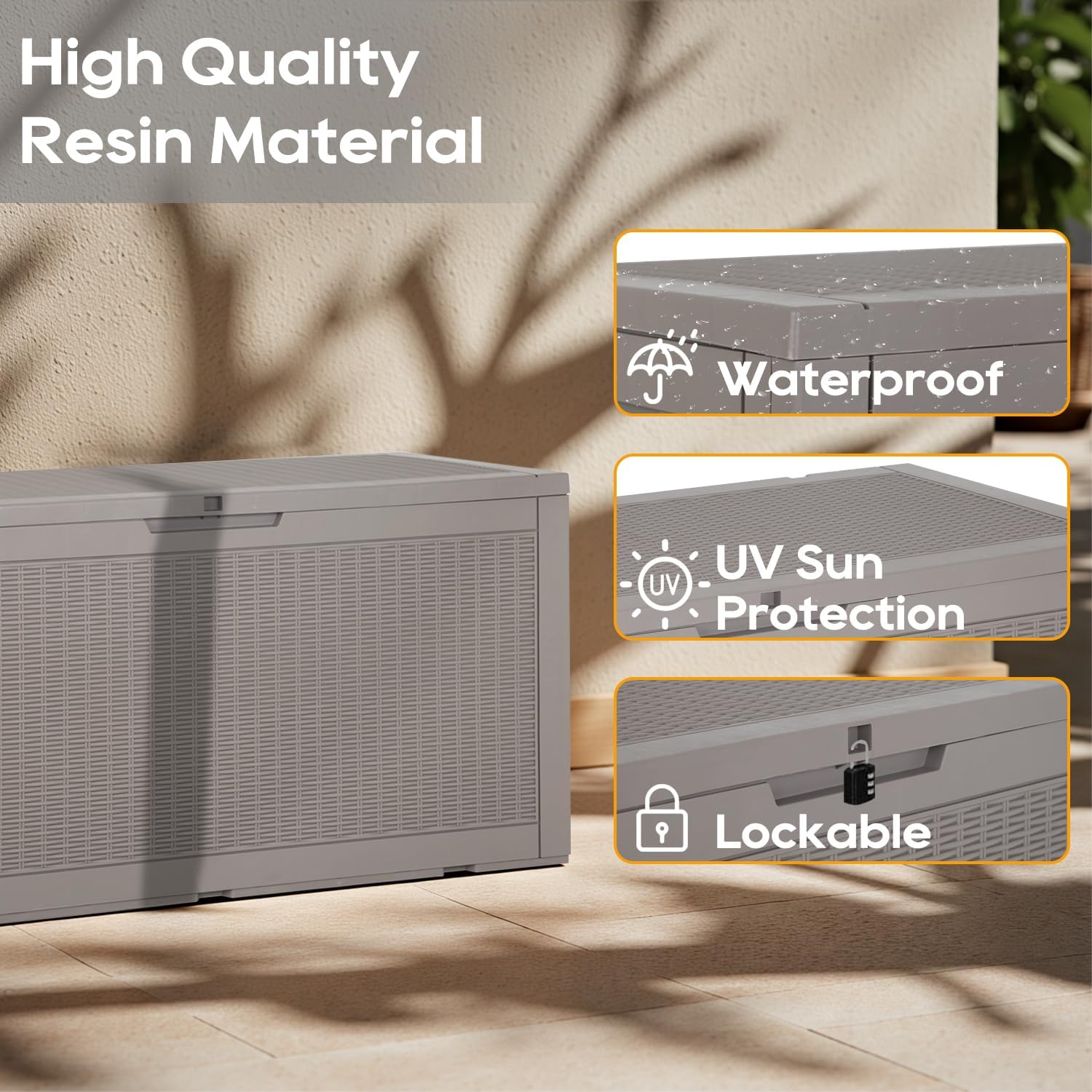 PayLessHere Deck Box 100 Gallons Waterproof Storage Box Bench with keyhole for Outdoor Garden Pool Patio Storage,Tan