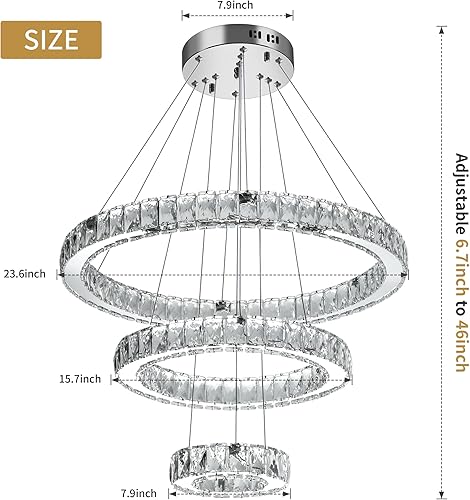 Miniatura 6 de Lámpara de araña de cristal LED grande, 3 colores moderna iluminación de techo, 3 anillos colgantes lámpara colgante ajustable, lámpara de techo