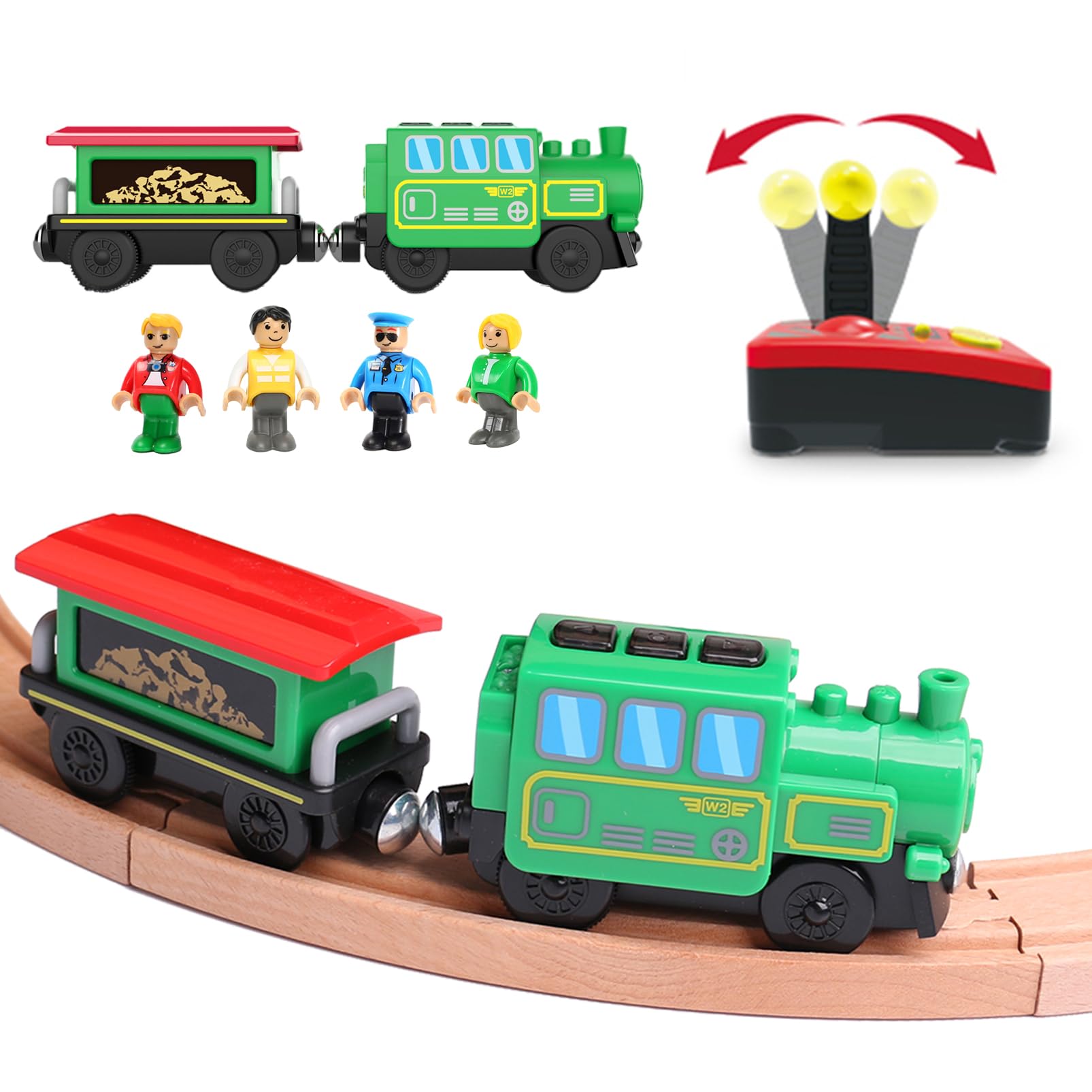Battery Operated Train Set for Wooden Train Track,Electric Magnetic Locomotive Train Set Remote Control Train Vehicles Toy with Figures for Toddlers