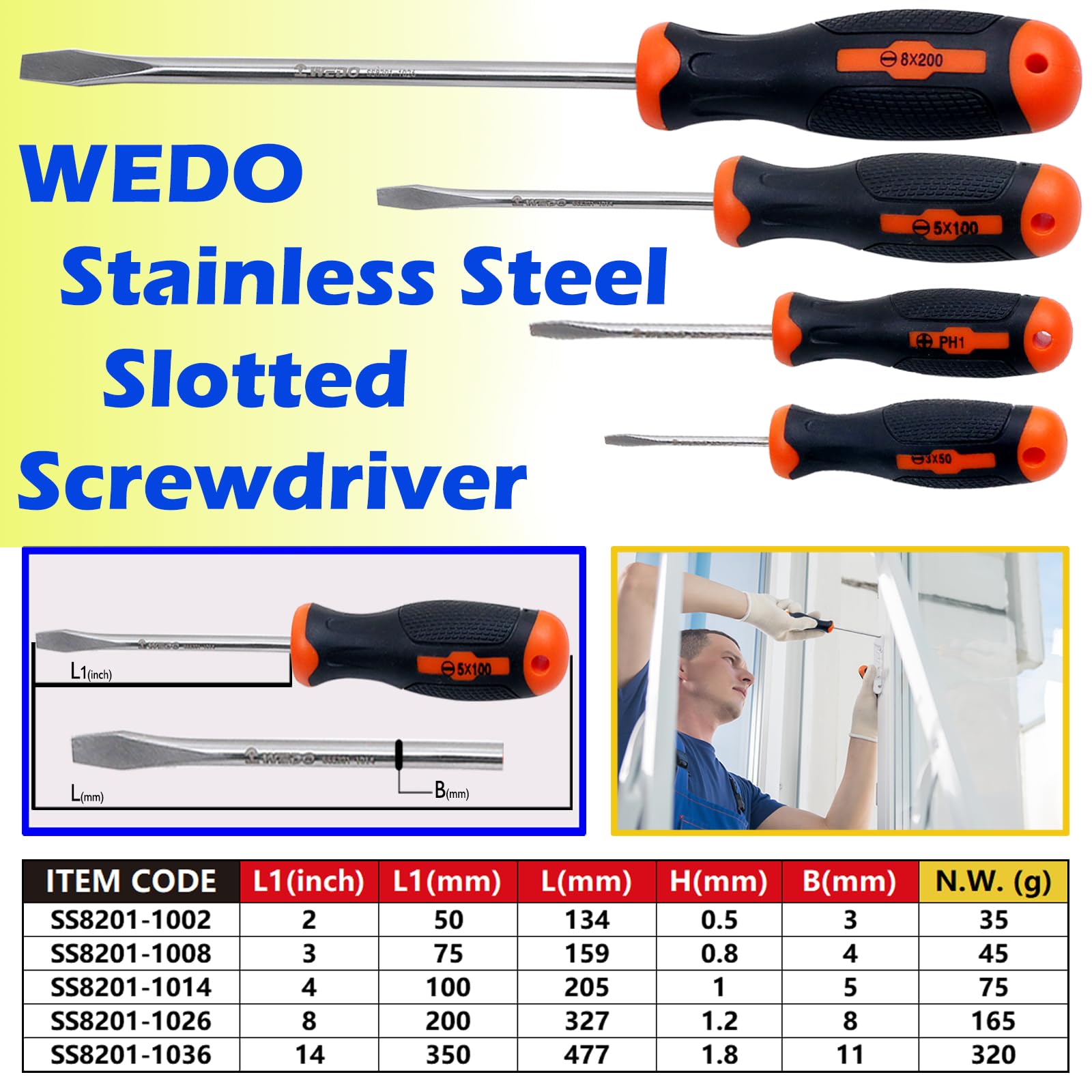 WEDO Śrubokręt szczelinowy, końcówka 11 mm z trzpieniem 350 mm, stal nierdzewna 420, śrubokręt z płaskim łbem, długość 477 mm, ergonomiczny miękki uchwyt TPR, mikromagnetyczny, odporny na korozję
