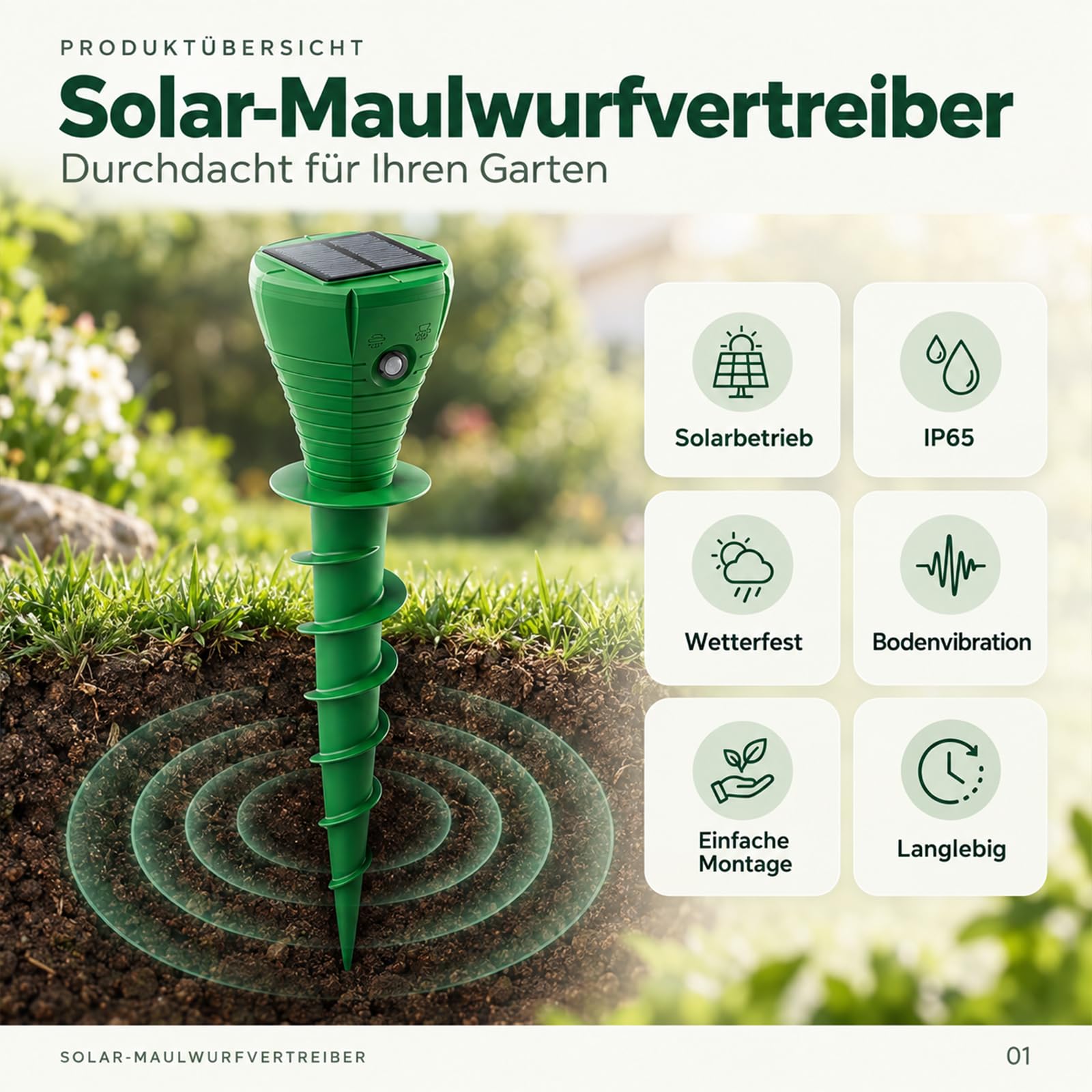Lot de 4 répulsifs solaires pour taupes - IP65 - Étanche - Non toxique