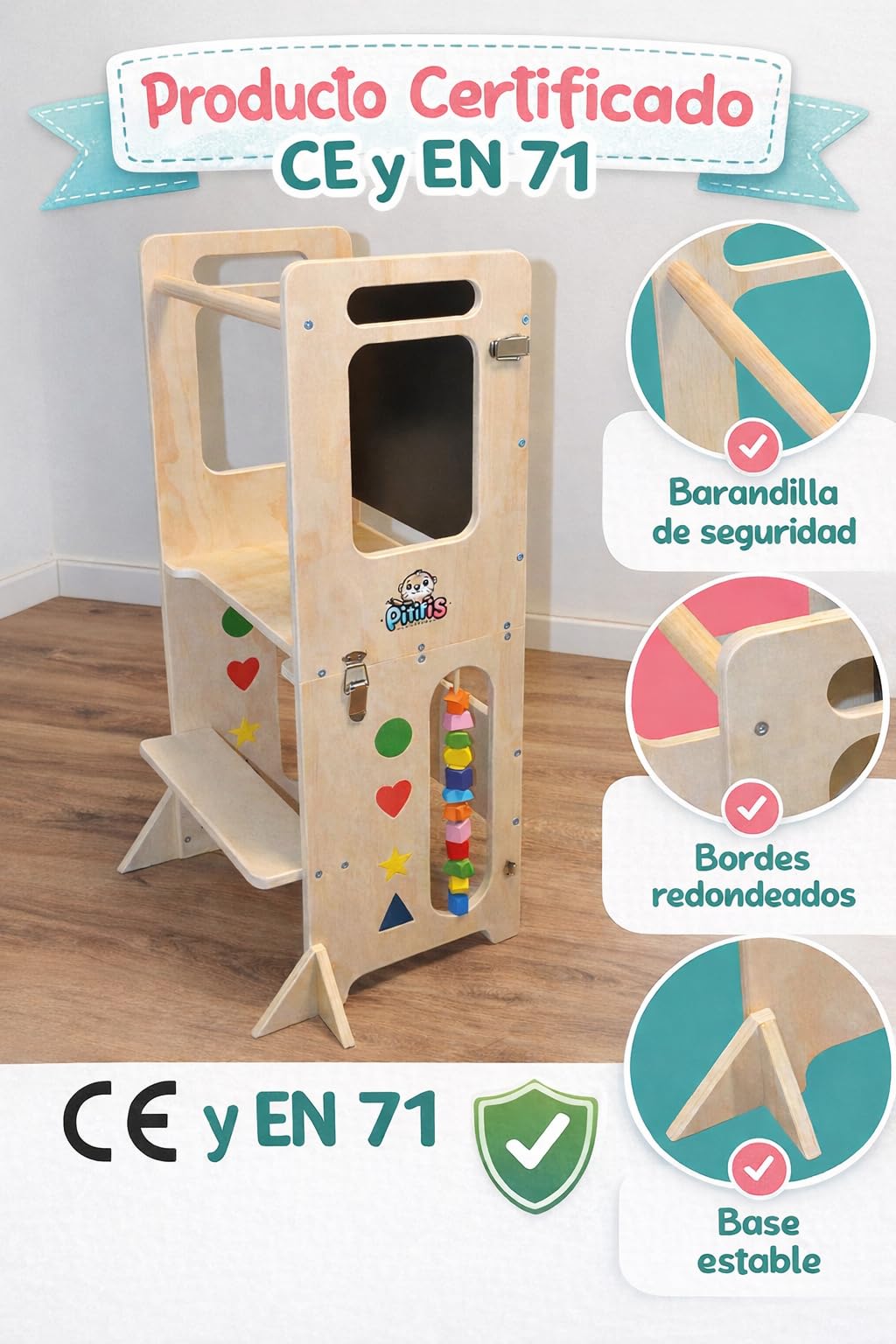 Torre de Aprendizaje Montessori 4 en 1 Pitifis | Torre de Aprendizaje para Niños con Pizarra y Escritorio | Taburete Cocina Infantil de Madera | Diseño Estable y Seguro | 90 x 31 x 45 cm