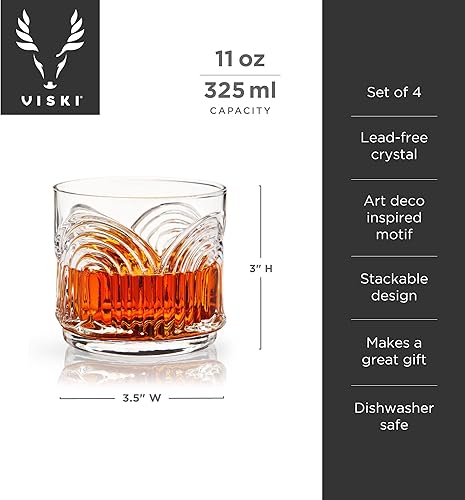 Miniatura 3 de Viski Beau - Juego de 4 vasos bajos sin tallo, vasos de cristal vintage para whisky, estilo antiguo, escocés y bourbon, diseño de arco de copas de