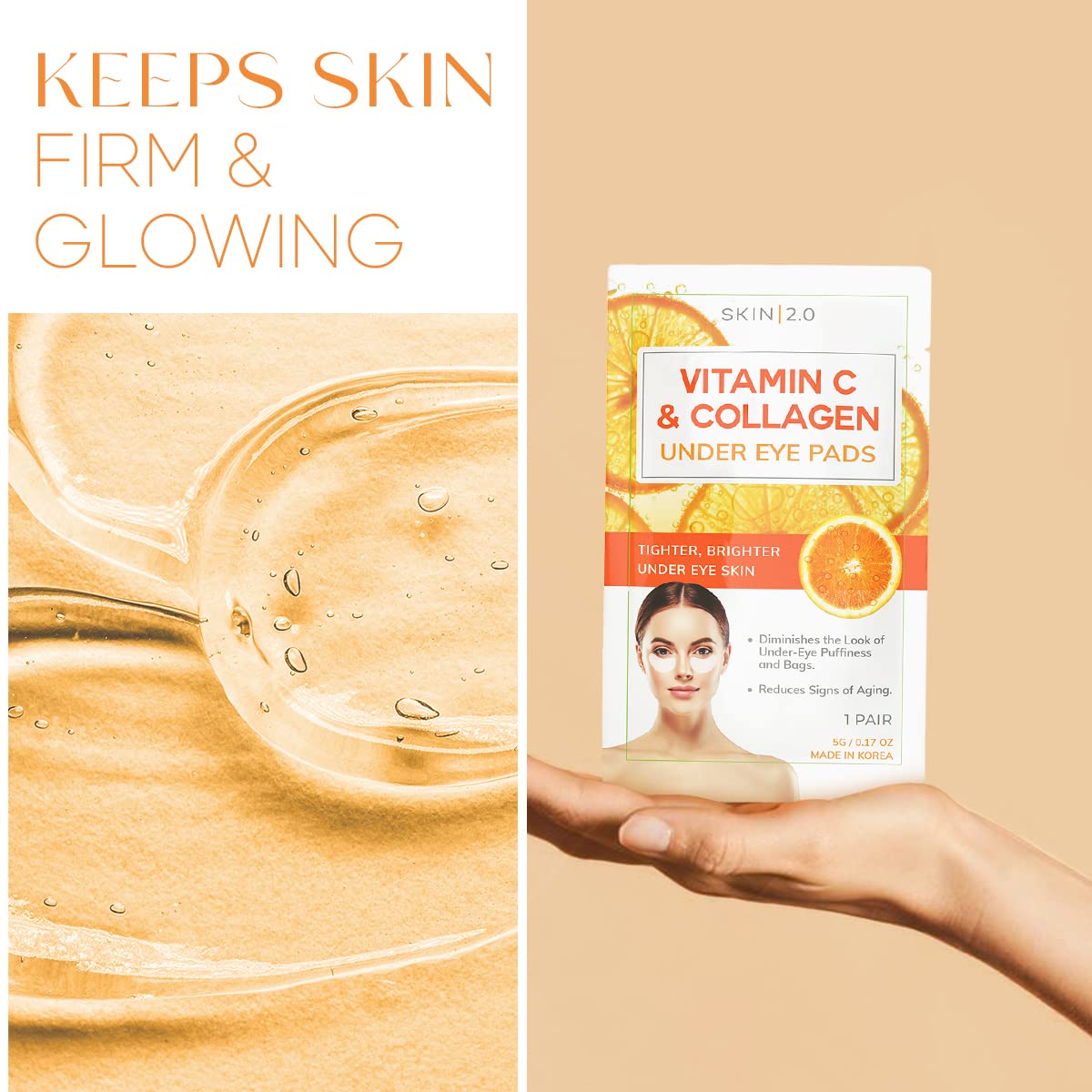 Skin 2.0 Vitamin C & Collagen Under Eye Patches - Dermatologist Tested - Brightens Dark Circles, Tightens Under Eye Area, Anti-Aging - Natural Ingredients Korean Skin Care - All Skin Types - 5 Pairs