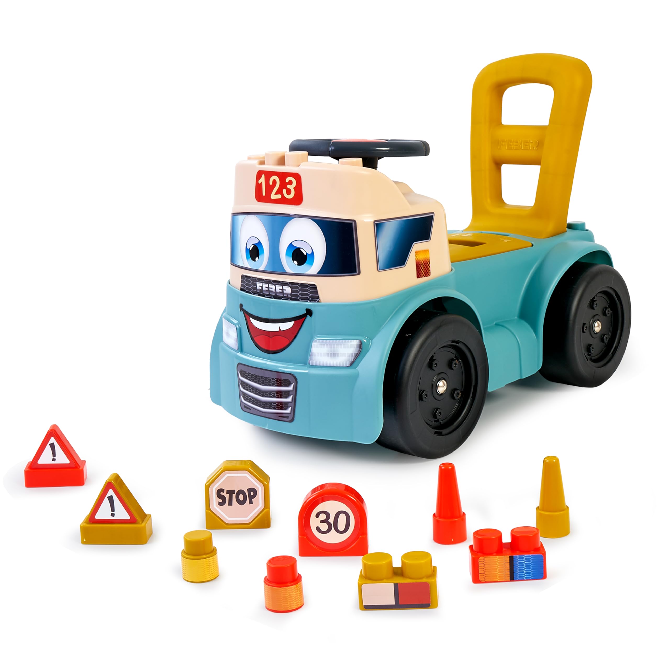 FEBER Motofeber Casual Blocks, Correpasillo de Empuje y Andador, Juego 3 en 1, Incluye Panel de Encajables y 10 Bloques de Figuras Geométricas, Maletero para Guardar Bloques, Famosa (FED32000)