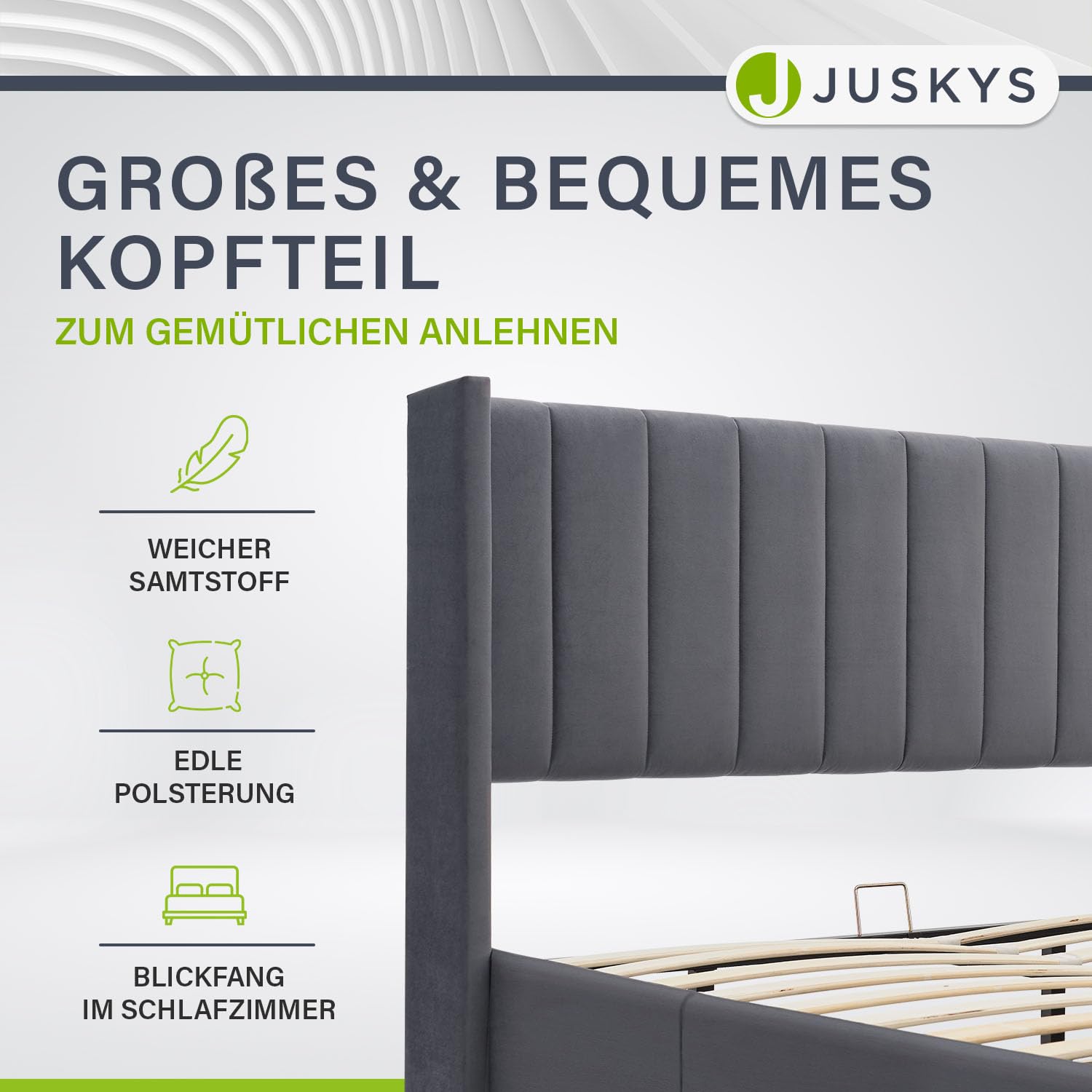 Juskys Polsterbett Savona 140x200 cm mit Matratze, Bett mit Stauraum, Samt-Bezug, Bettgestell aus Holz, bis 250 kg, großes Kopfteil, Dunkelgrau