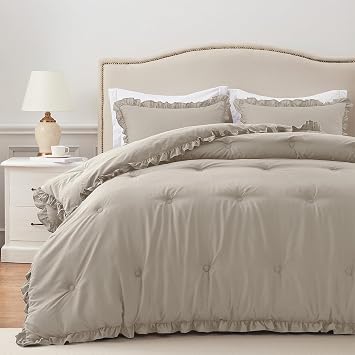 HARBOREST Queen Comforter Set Linen - Ruffle Comforter for Queen Size Bed, Fluffy Queen Size Comforter Set for All Seasons, 3 Pieces1 Comforter & 2 Pillow Shams