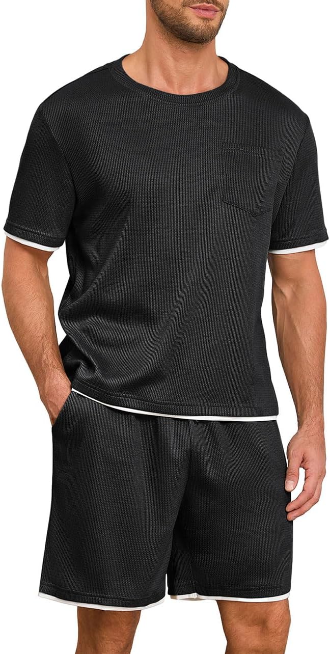 Andeip Mens Pajamas Set Waffle Crew Neck Loungewear Cozy Sleepwear Short Sleeve Top and Long Pants Pj Set with Pockets