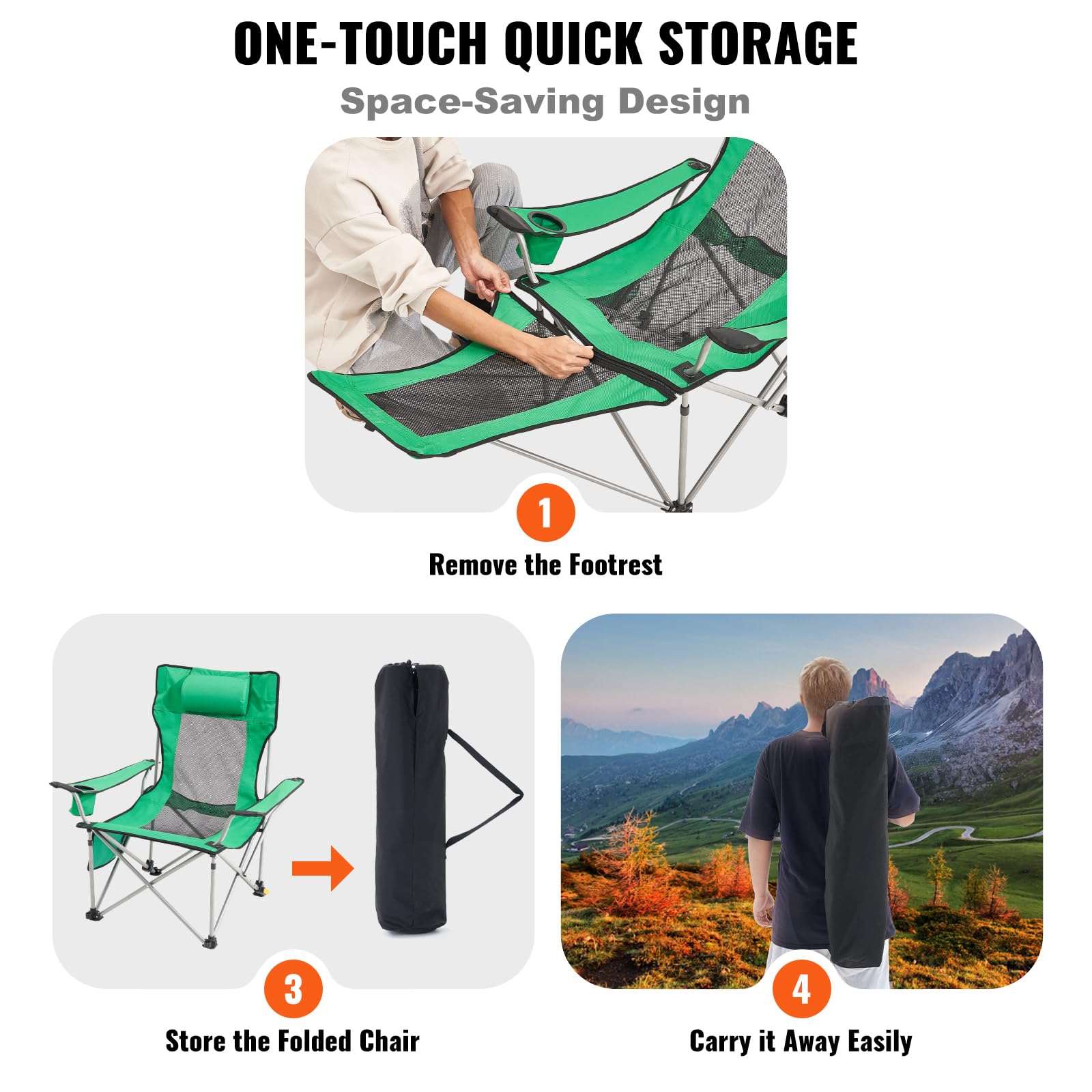 VEVOR Silla de Camping Reclinable Portátil 1530 x 830 x 730 mm Carga de 149,69 kg, Silla de Camping Plegable con Reposapiés, Portavasos, Bolsillo Lateral y Reposacabezas para Camping, Pesca, Verde