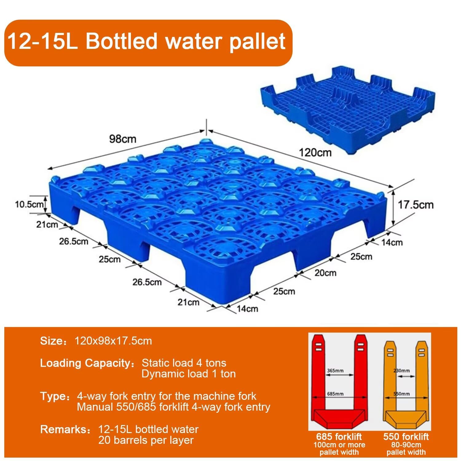 Vassoio per trasporto fusti d'acqua sollevabile con carrello elevatore, piattaforma di spedizione in plastica impilabile, superficie antiscivolo con drenaggio, capacità 107x107x18 cm