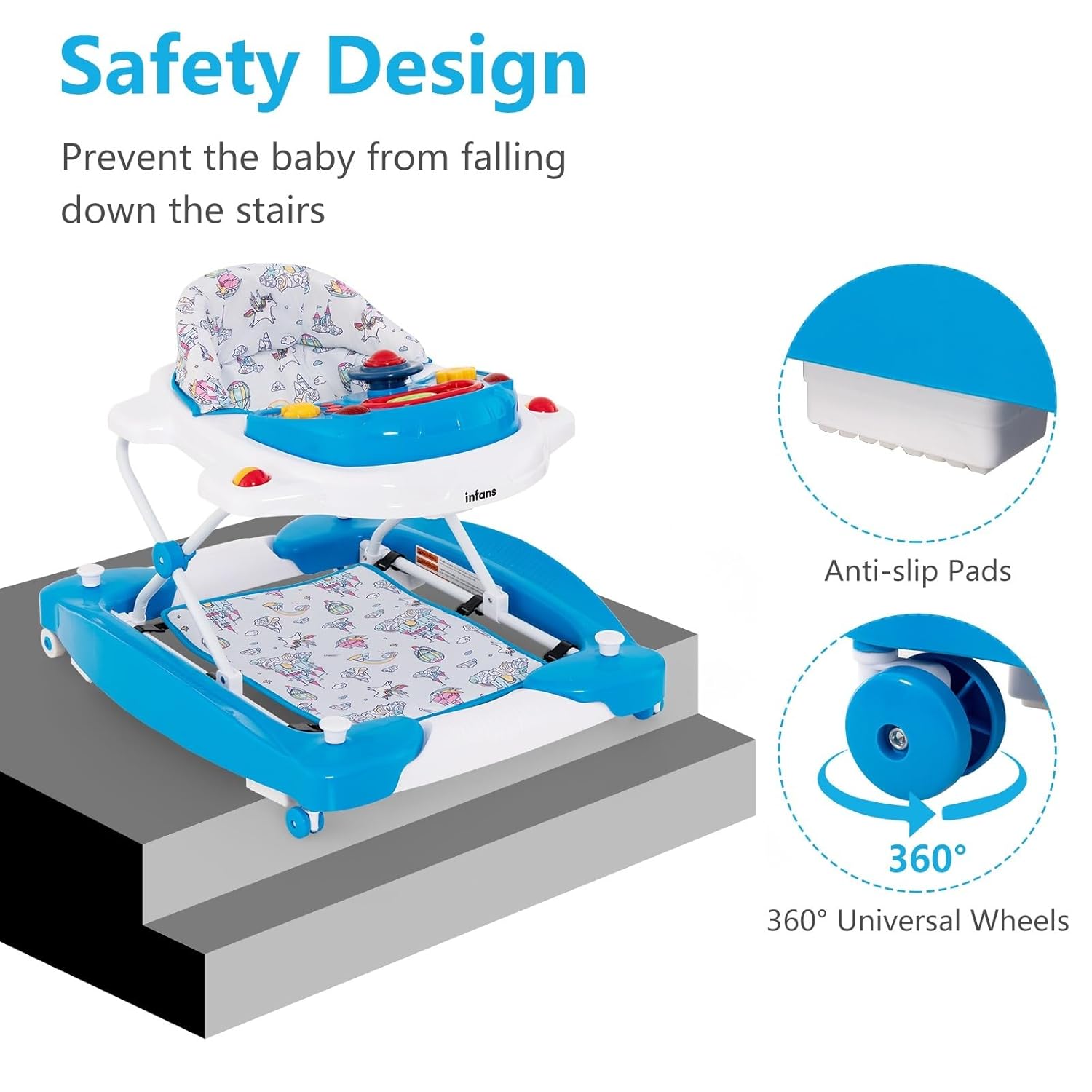 INFANS Baby Walker, 5 in 1 Behind Walker Learning Seated Rocker Bouncer with Removable Music Tray, Adjustable Height, Washable Seat Cushion, Foldable Activity Center for Toddlers (Unicorn)