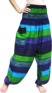 RaanPahMuang Brand Smock Waist Rayon Mixed Art Harem Baggy Aladdin Pants, X-Large, Rainbow Stripes - Green Blue