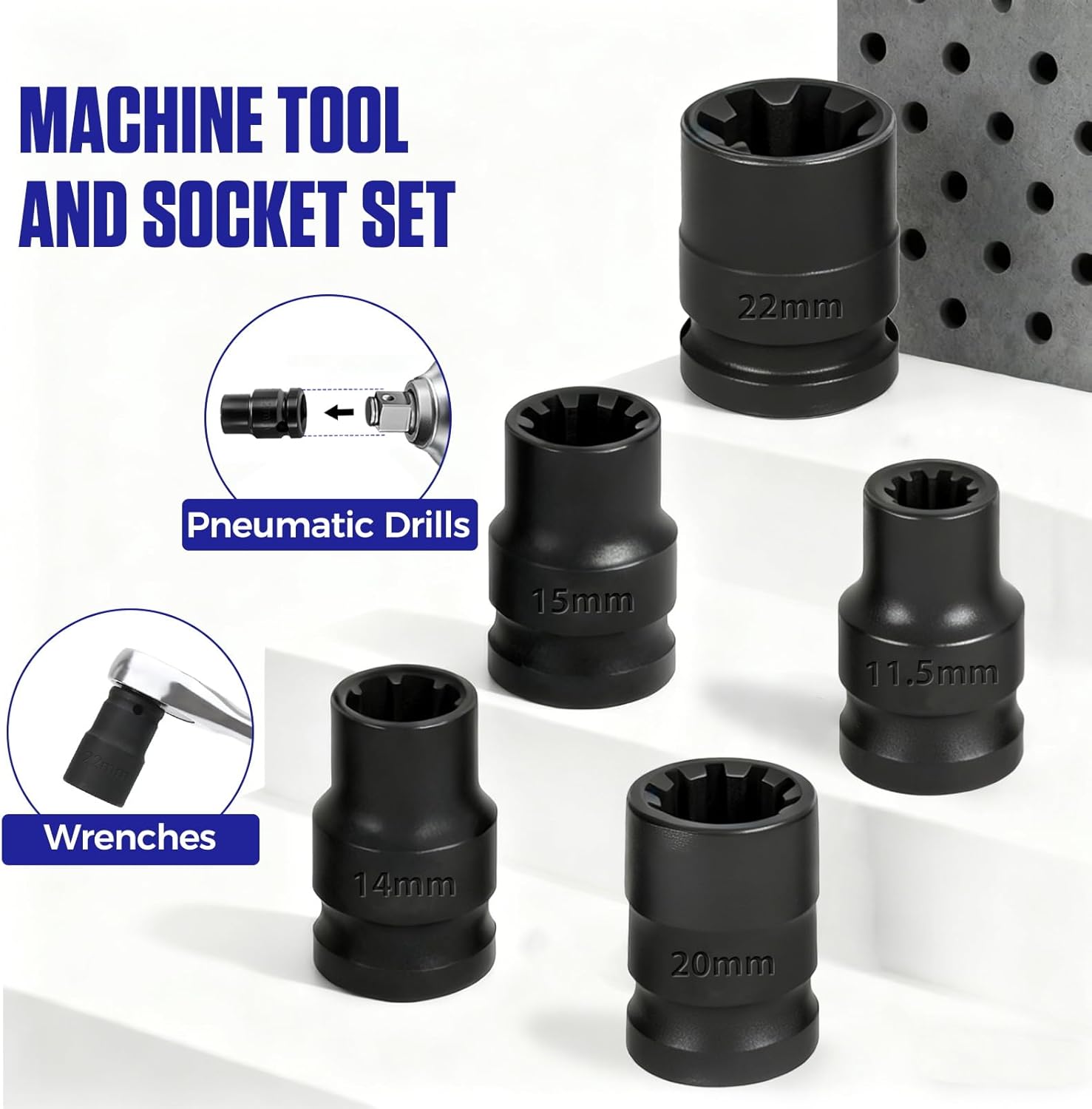 MR CARTOOL 5pcs Brake Caliper Socket Set Compatible with VW VAG, 5PCS Caliper Tool 1/2" Square Drive 7pt. Small Large 10pt. x 11.5mm, 15mm, 20mm, 14mm, 22mm