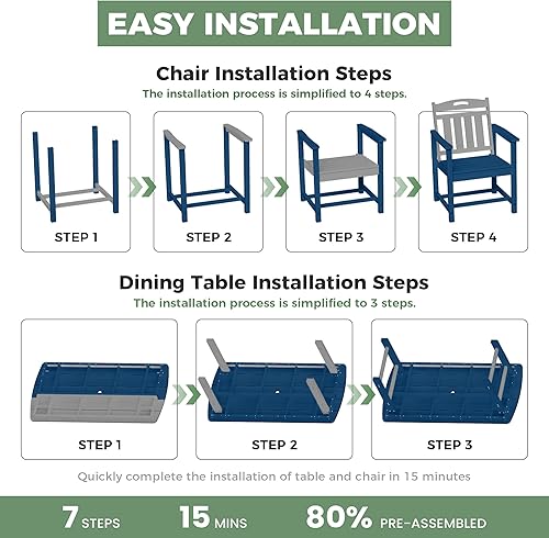 Miniatura 9 de Juego de comedor de exterior de HDPE con mesa y 6 sillas, juego de mesa y sillas de 7 piezas para todo clima, agujero para parasol de 2 pulgadas