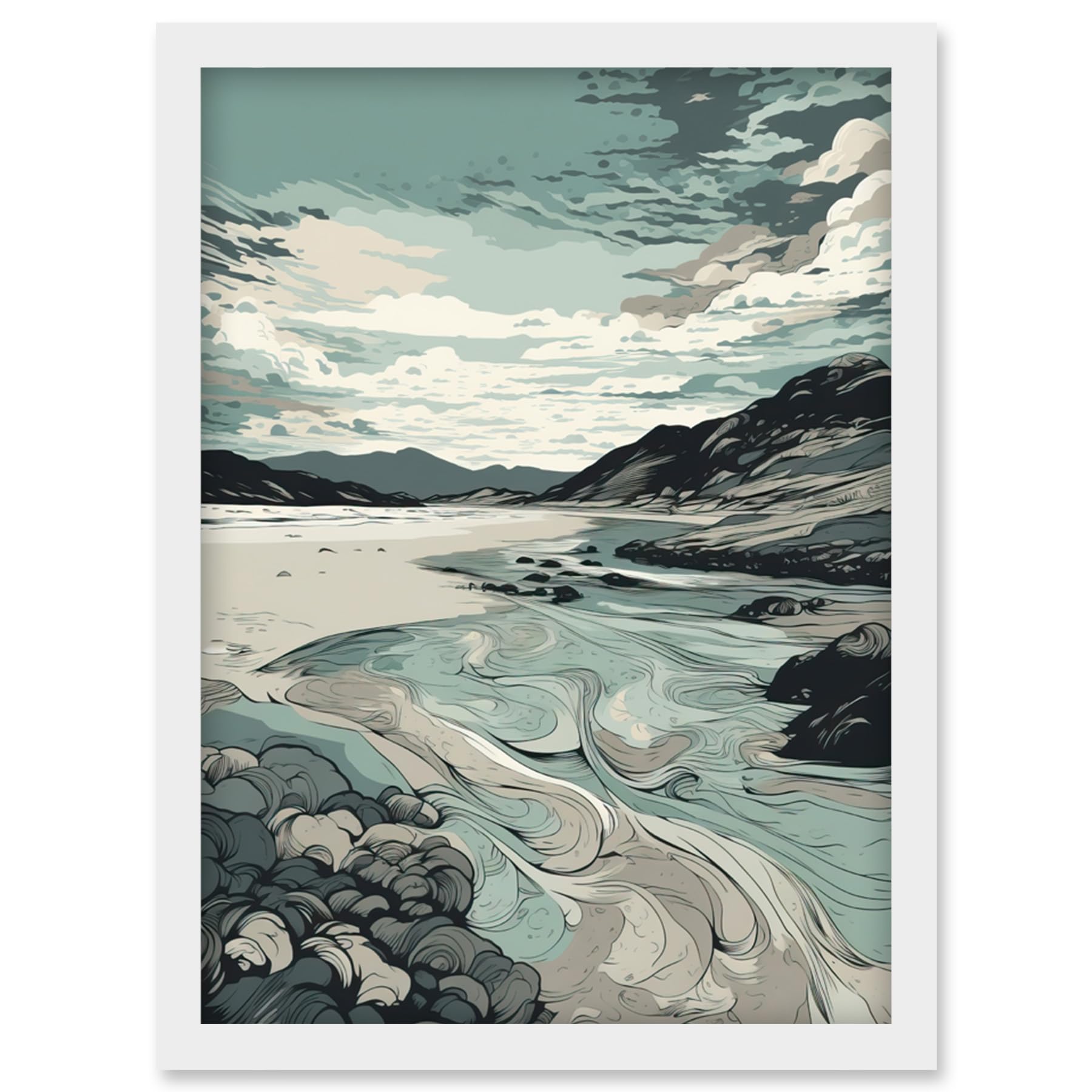 Artery8 Luskentyre Beach Coastal Landscape Illustration Artwork Framed Wall Art Print A4