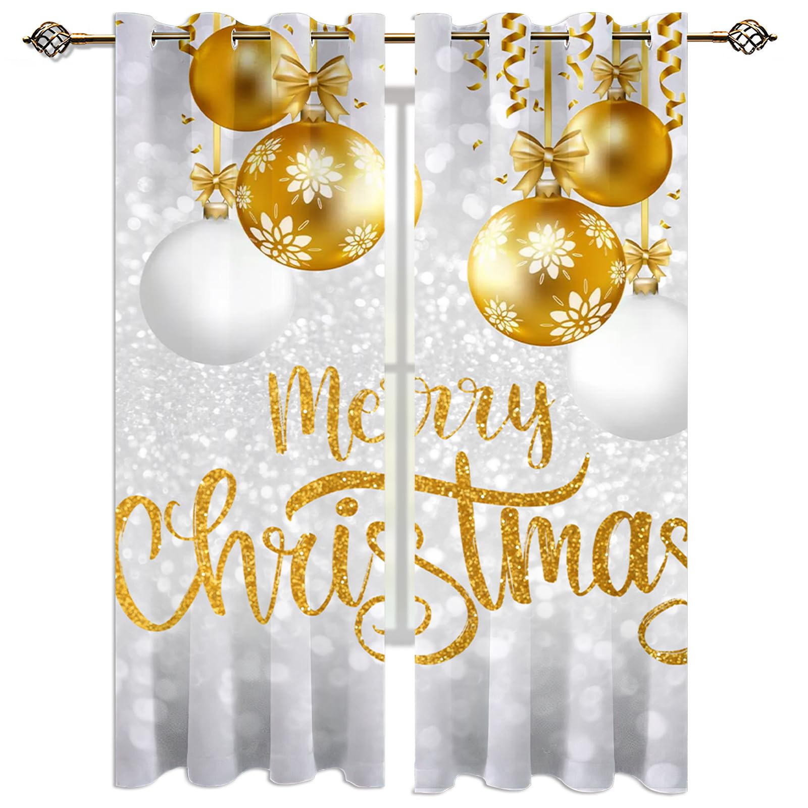 MELABE Christmas Golden Balls Window Treatment Set, White Snowflake Bow 3D Printed Curtains, Darkening Thermal Insulated Drapes for Bedroom Living Room Home Decor 2 x 150W x 270H cm — image 1