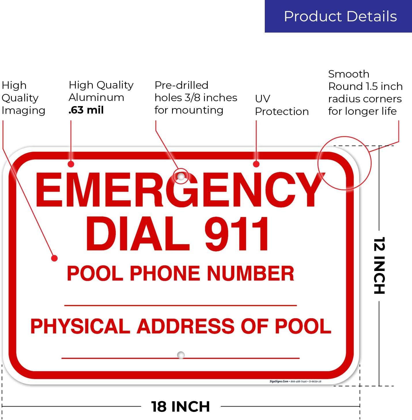 Emergency Dial 911 Sign, Pool Sign, 12x18 Inches, Rust Free .063 Aluminum, Fade Resistant, Made in USA
