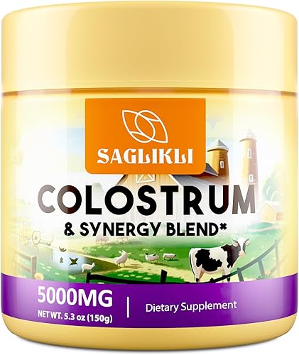 Suplemento en polvo de calostro 5,000 mg, calostro bovino alimentado con pasto con prebióticos, probióticos, lactoferrina y PRP, 30 porciones
