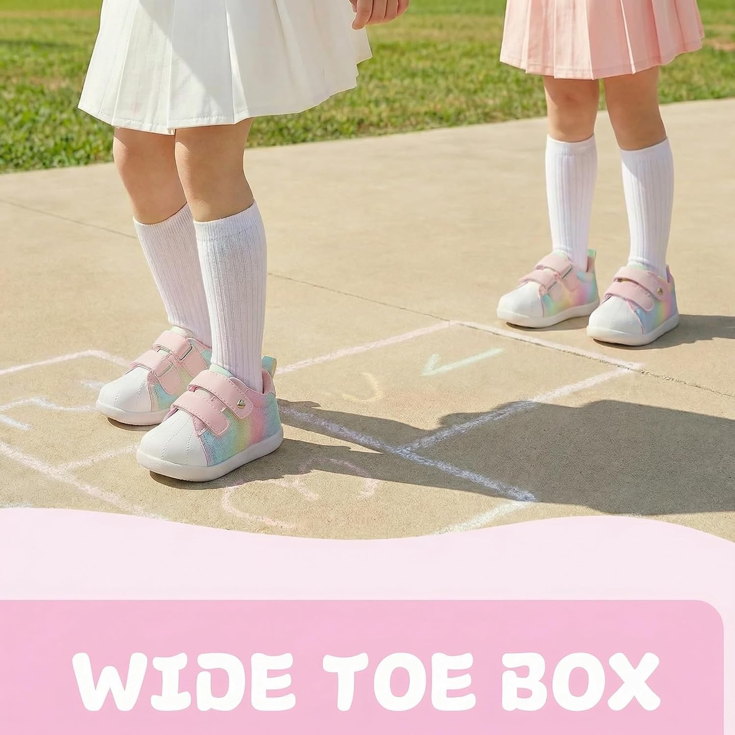 Sparkly Baby Girls Wide Toe Shoes with Hook & Loop Non-Slip Lightweight Toddler Sneaker for First Walking