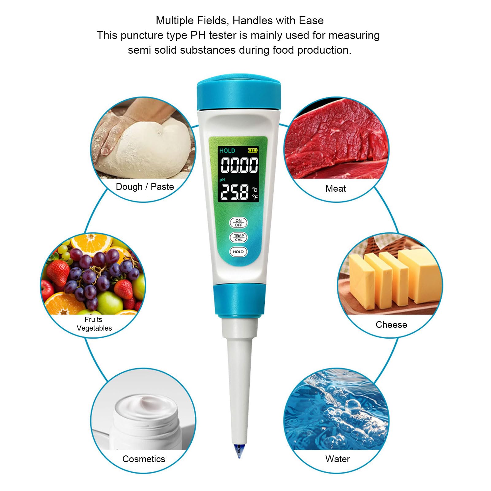 Probador de PH, Rango de Medición de PH de Alta Precisión de 0 a 14 Medidor de PH de Temperatura 2 en 1 con Función ATC, para Queso, Carne, Fruta, Masa Alimenticia
