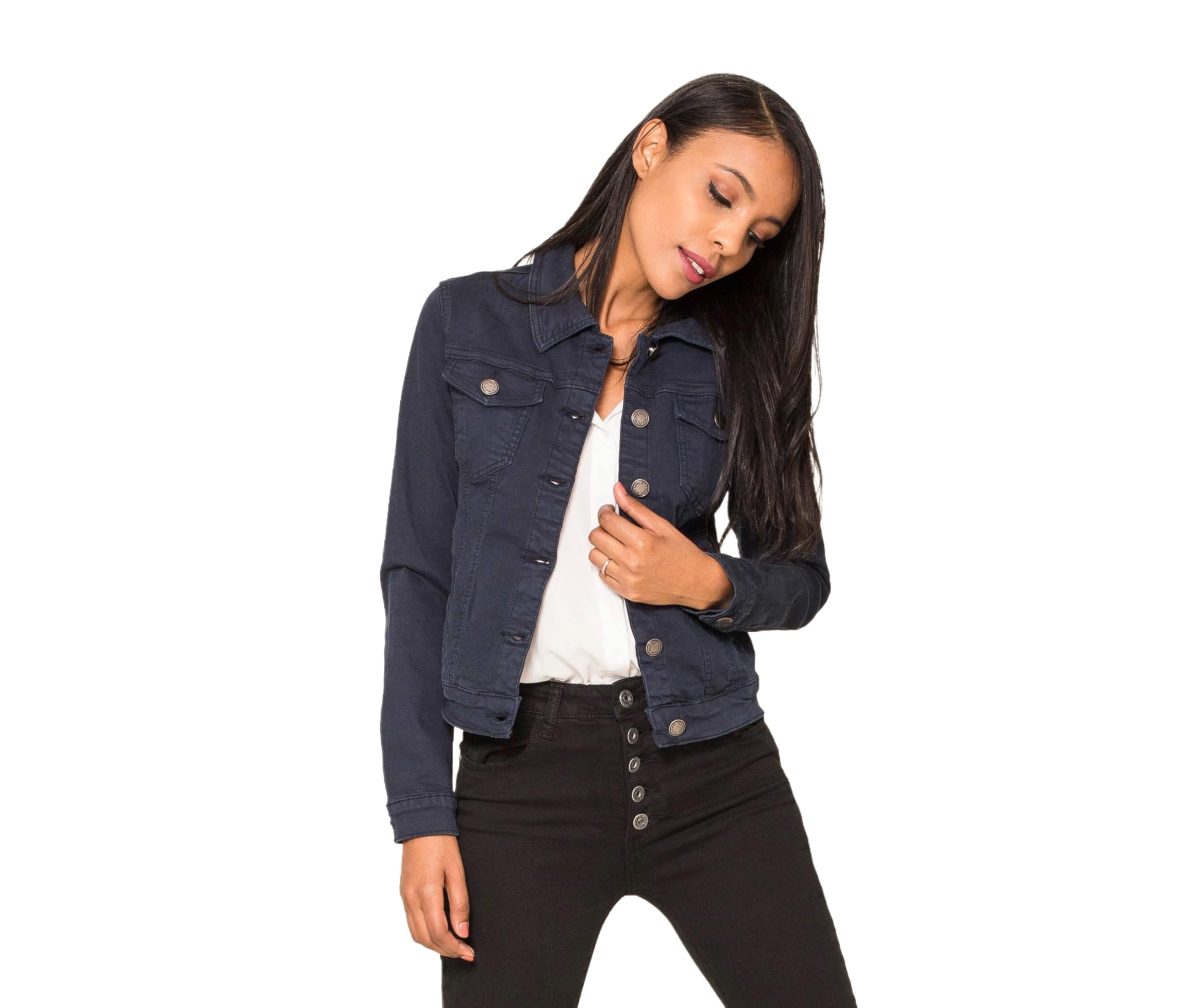 Nina Carter J212 Veste en jean slim pour femme - Veste stretch, colorée, avec col Kent, poches - Pour le printemps, l'été, la mi-saison