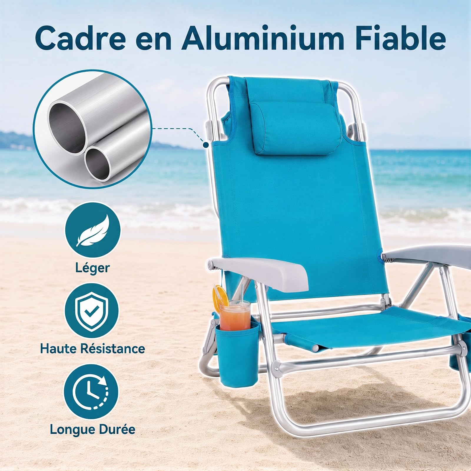 COSTWAY Lot de 2 Chaises de Plage Pliable, Dossier Réglable 7 Positions | Sac Isotherme Amovible, Chaise Longue en Aluminium, Porte-Serviette, Porte-Gobelets, Charge 150 kg, pour Camping Pêche Voyage