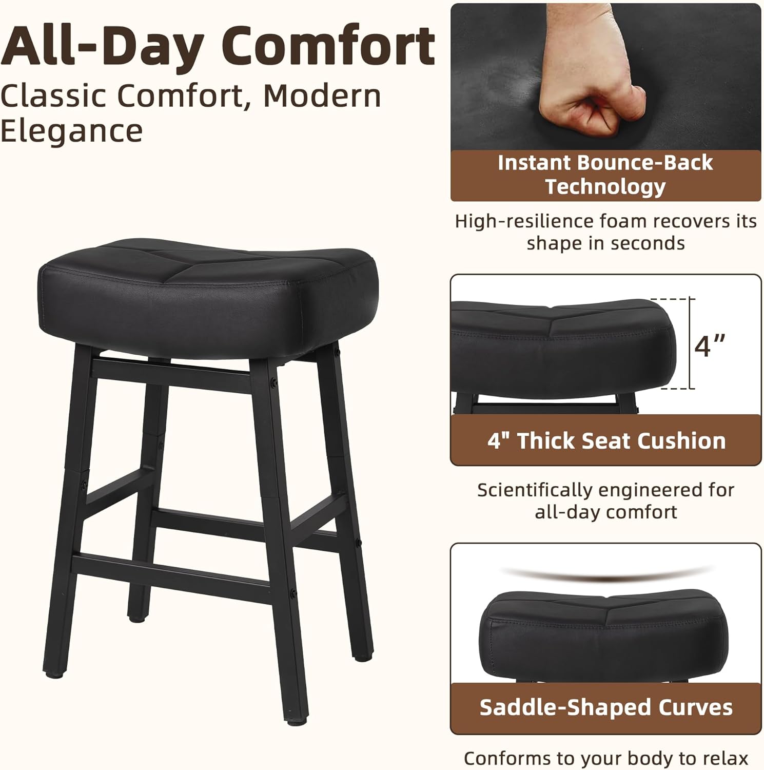 Counter Height Bar Stools Set of 2, 26 Inch Backless BarStools for Kitchen Island Leather Saddle Bar Chairs Kitchen Stools with 4" Thick Seats & Heavy Duty Metal Base, Black