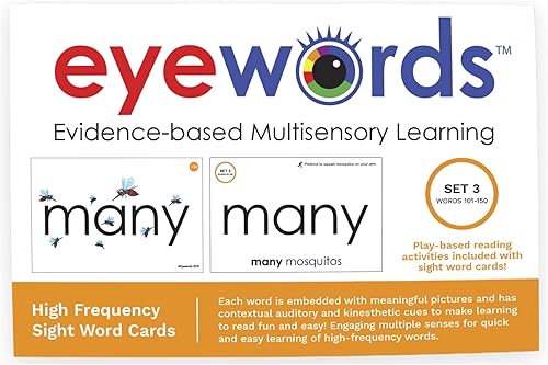 Juego de 3 tarjetas flash multisensoriales con palabras de vista y fonética, juego 3 (palabras de alta frecuencia 101-150) - aprendizaje