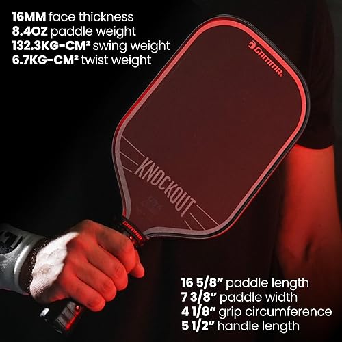 Miniatura 4 de Gamma Knockout Pickleball Paddle - Potencia y control de espuma Bonbon Core, cara de fibra de carbono cruda, diseño reductor de vibraciones, agarre