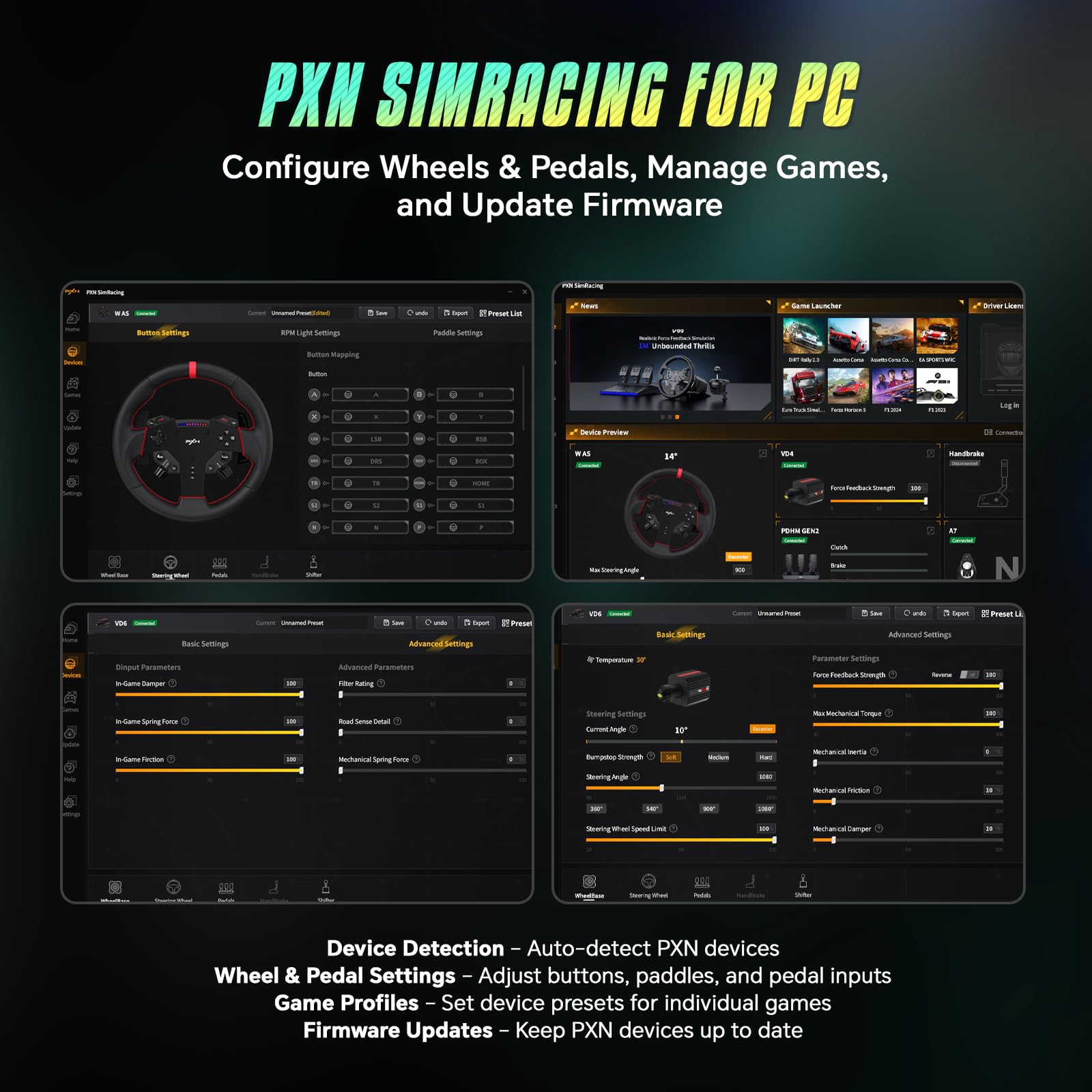 PXN VD4 Direct Drive Gaming Lenkrad Bundle – 4Nm Force Feedback Servo-Motor Basis mit Schnellverschluss, 11” W AS Rennlenkrad, Modulare Hall-Effekt Metallpedale, Tischklemme – für PC Windows 7–11