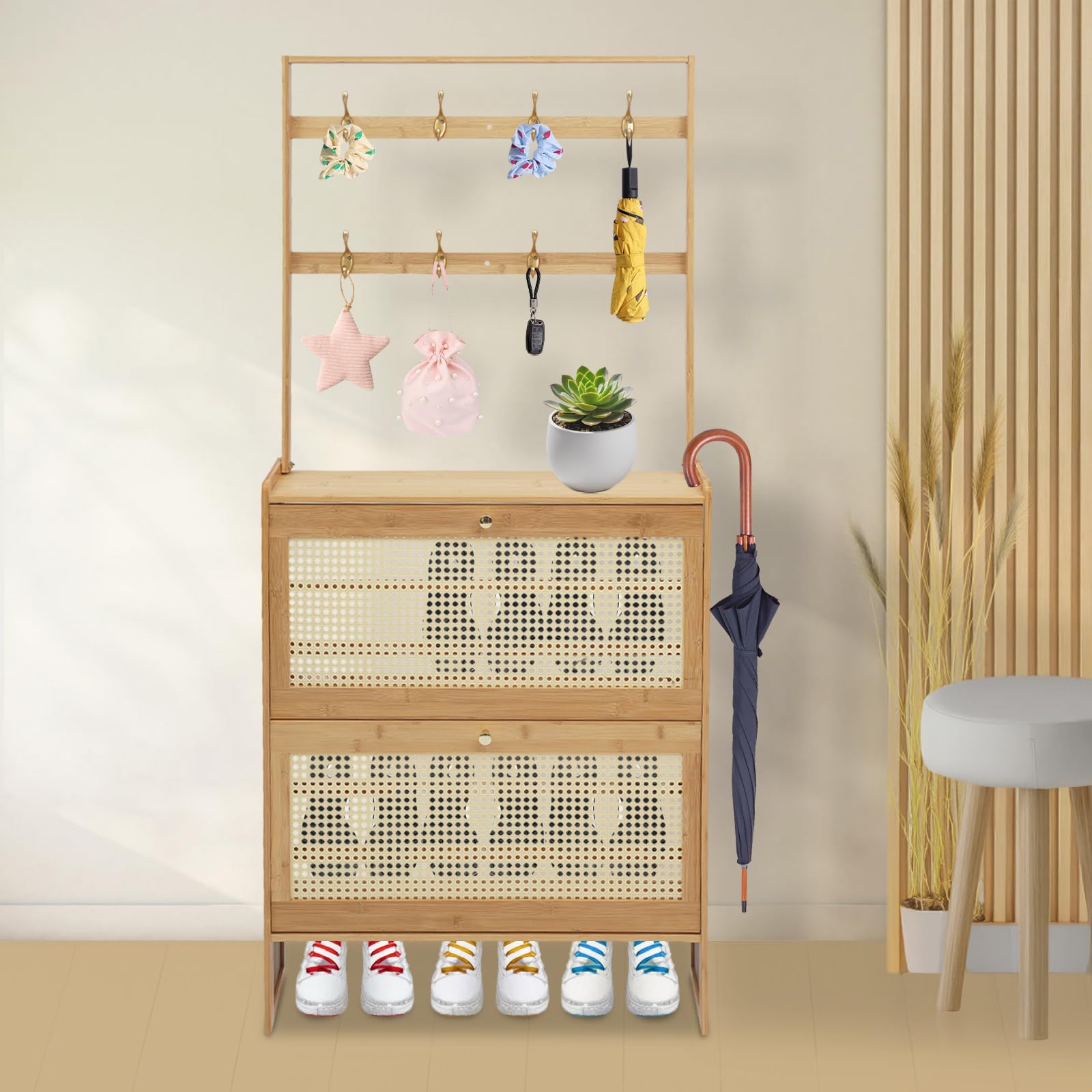 Mueble de zapatos de dos niveles para almacenamiento de zapatos con puerta batiente y ganchos para zapato, bambú, estante de almacenamiento, antipolvo, para entrada/pasillo/familia