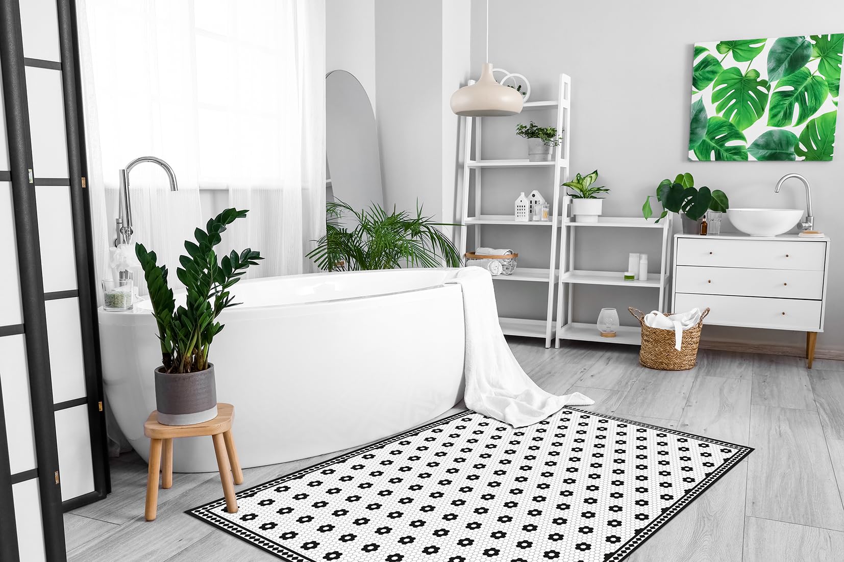 DobleUve Estudio Tapis Vinyle Rosetas Noir 50x100 | Tapis Cuisine Salon Antidérapant Antifongique Ignifuge | Tapis Enfants Bain PVC