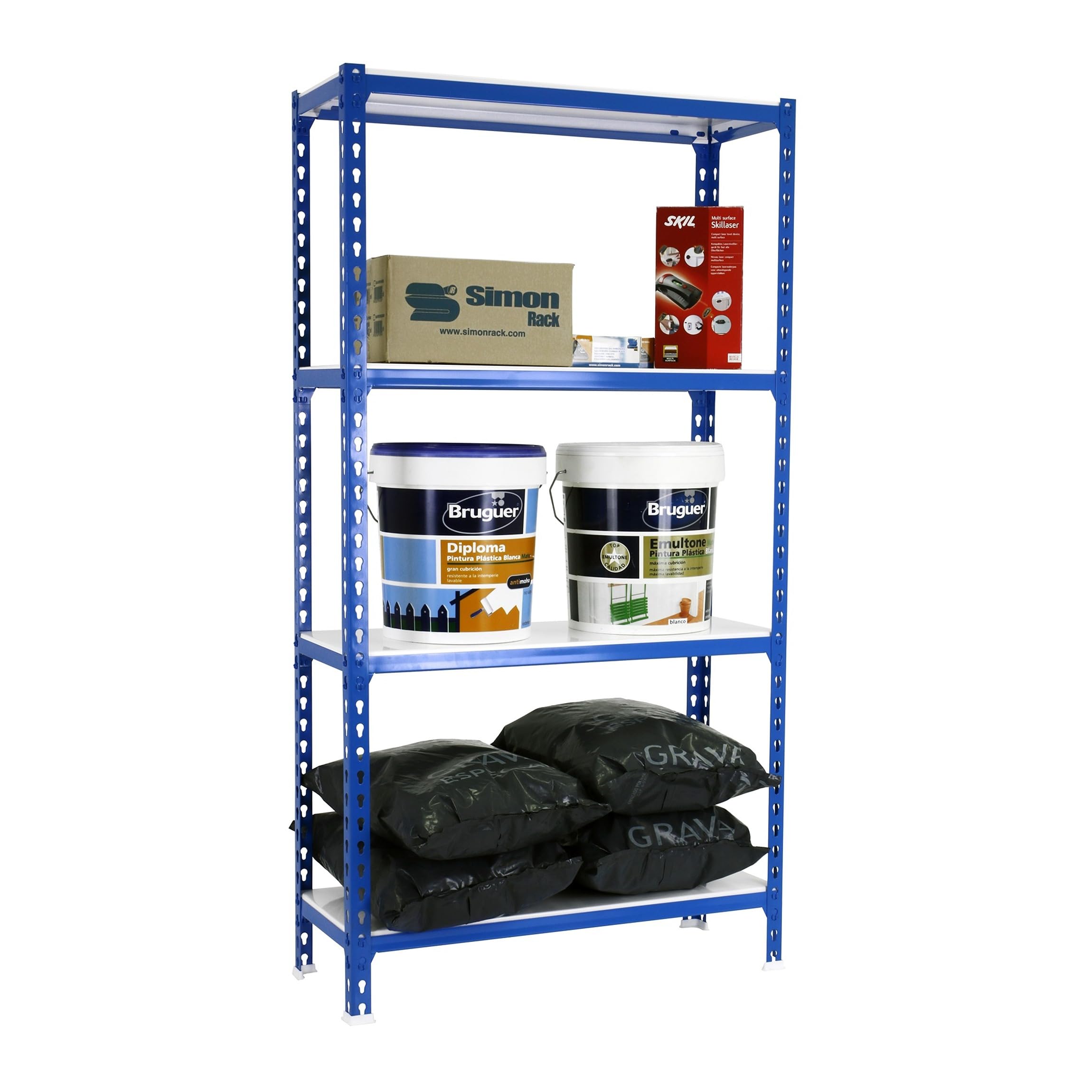 Simon Rack Étagère Rangement et 4 Niveaux, 200 kg Capacité de Charge et Point de Flexion, 1500x1200x500 mm, Étagère Charge Lourde, Étagère Garage, Bleu/Blanc - Simonclick