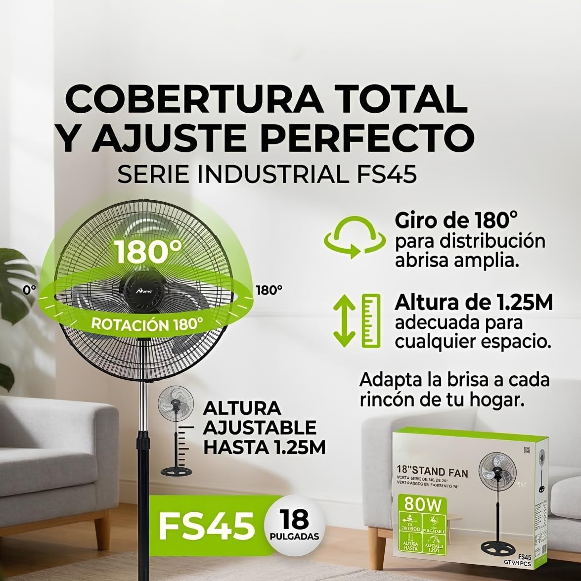Ventilador de Pie de 18 Pulgadas, Potente Motor de 80W, Oscilación Amplia de 180°, 3 Velocidades, Altura de 125 cm, Ventilador de Suelo Silencioso para Hogar, Dormitorio y Oficina.