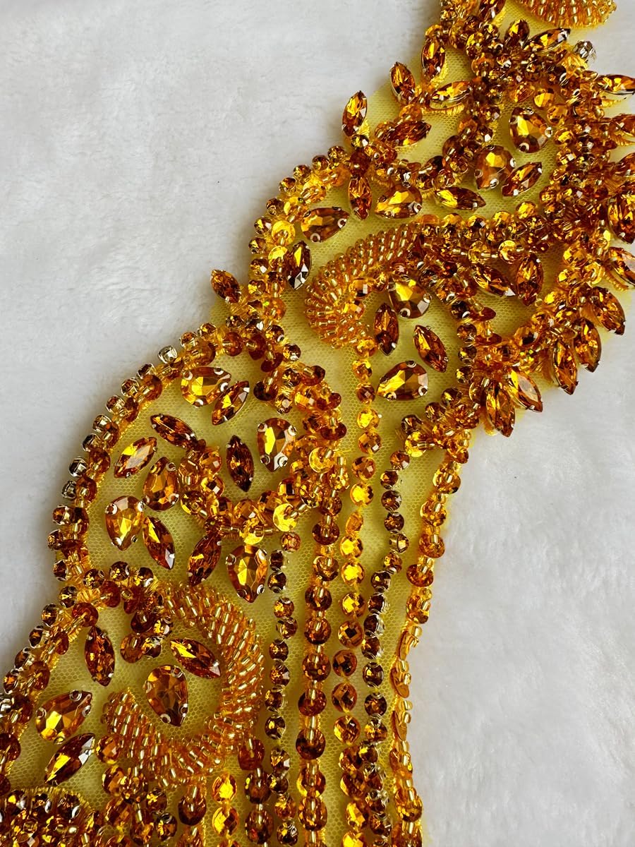 Handmade Stones Beads Bling Bright Crystal Patches Sew on Rhinestones Bodice lace Applique Accessories for Weding Dress Decorations (Gold)