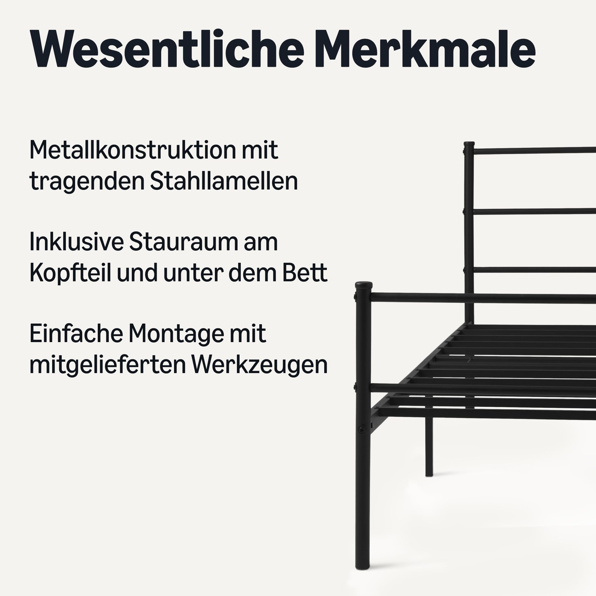 Amazon Basics Bettgestell mit Kopfteil, rutschfest mit Stahllamellen, Metall, Nicht klappbar, 90 x 200 cm, Einzelbett, schwarz