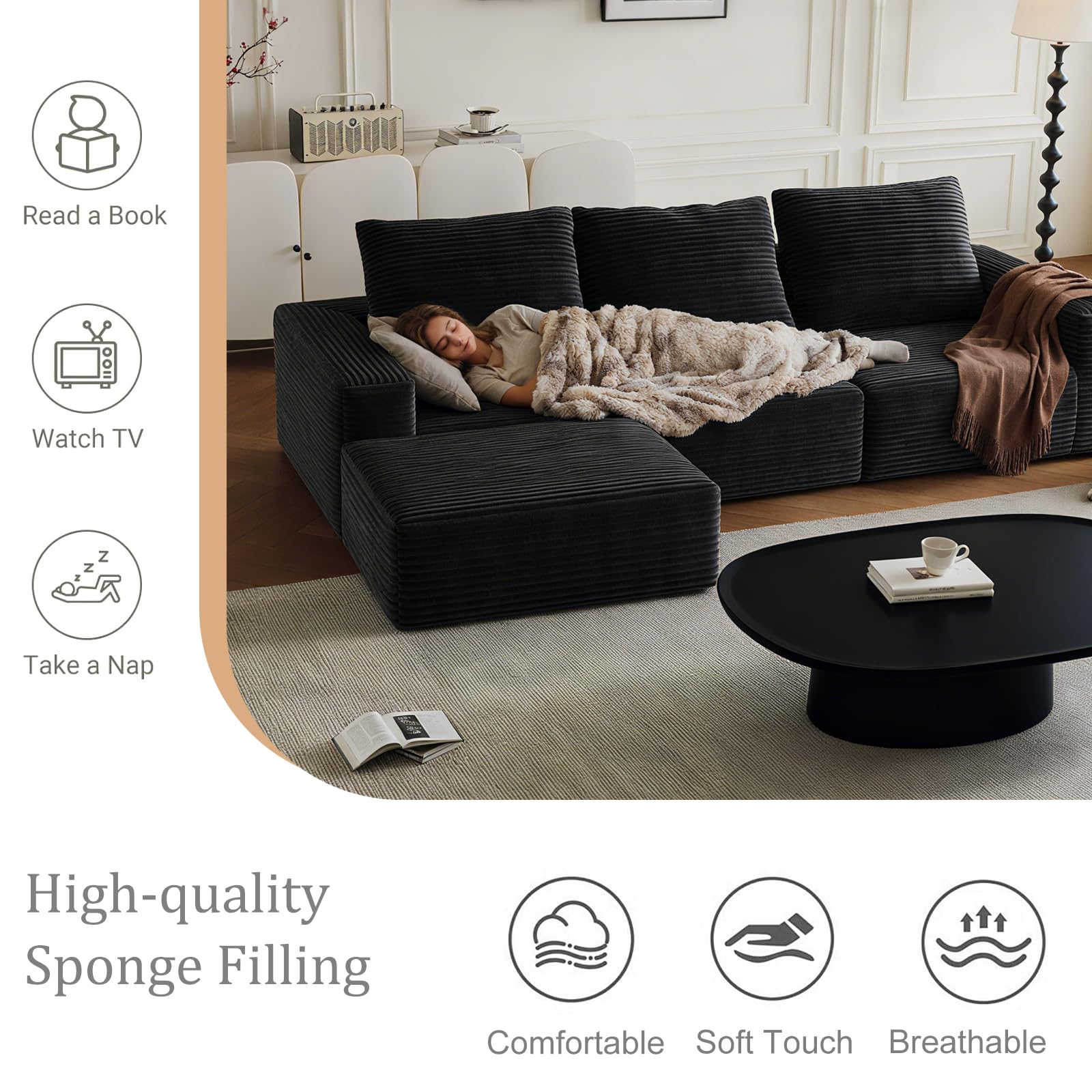 Canapé modulaire en forme de L de 278 cm, canapé d'angle 4 places avec repose-pieds et dossier amovible, canapés pour salon, pas de montage nécessaire (canapé en forme de L)